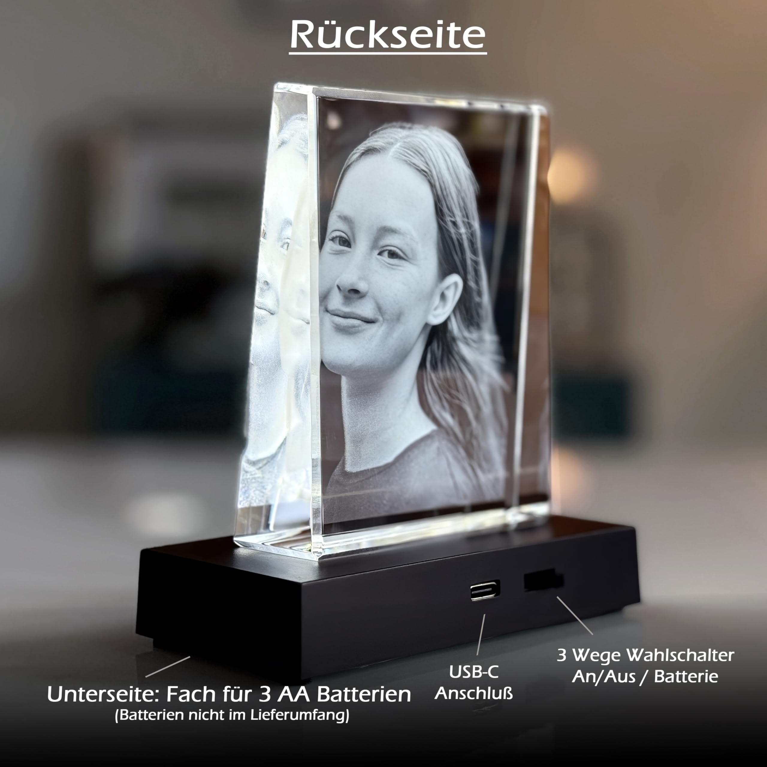 contento - 2D Glasfoto personalisiert - Foto in Glas gelasert, Kristallfoto mit LED Leuchtsockel, Geschenk für Familie, Geburtstag, Hochzeit (Kristall + Leuchtsockel, M Hochformat (10,5x8x3cm))