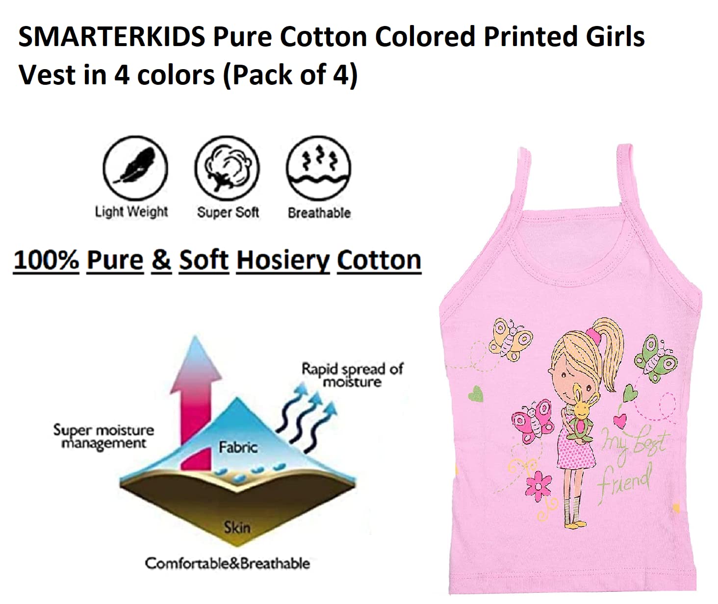SMARTERKIDS Baby Girl's Cotton Vest (Pack of 4) (15 No. Girls Vest_Multicolored_9-10 Years)