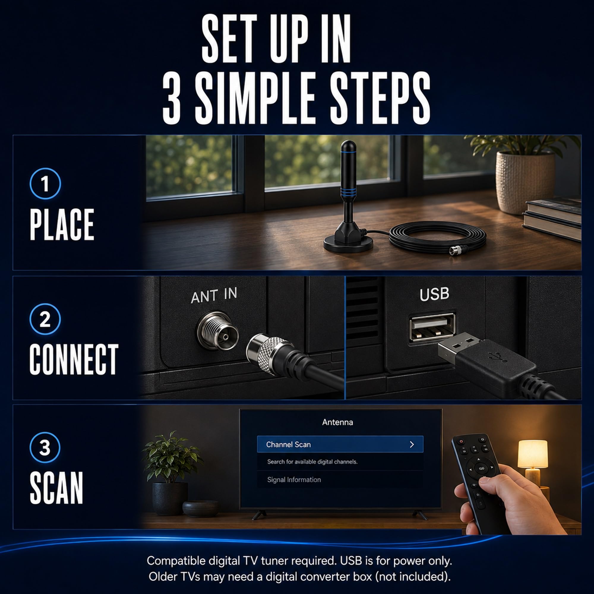 Antenne TV d'intérieur pour Smart TV avec 2 amplificateurs de signal pour tous les téléviseurs intelligents, antenne numérique HD pour chaînes locales, prend en charge 4K 1080p (bleu)