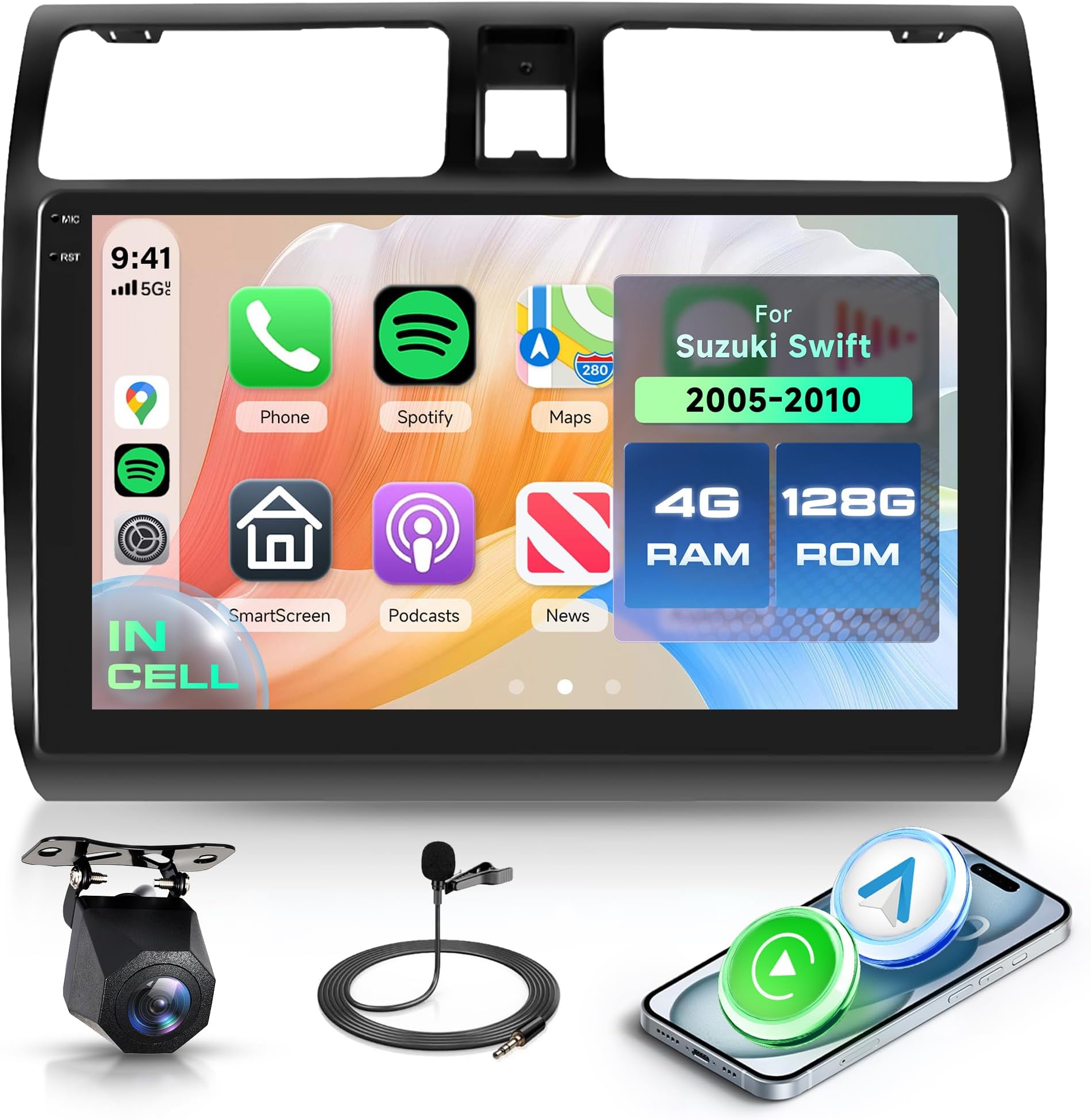 – Rimoody 4G+128G Android 15 Car Stereo for Suzuki Swift 2005-2010, 10.1 Inch In-Cell Touchscreen with Wireless CarPlay Android Auto, GPS, Bluetooth 5.0, FM RDS, EQ, WiFi, Mirror Link, AHD Rear Camera