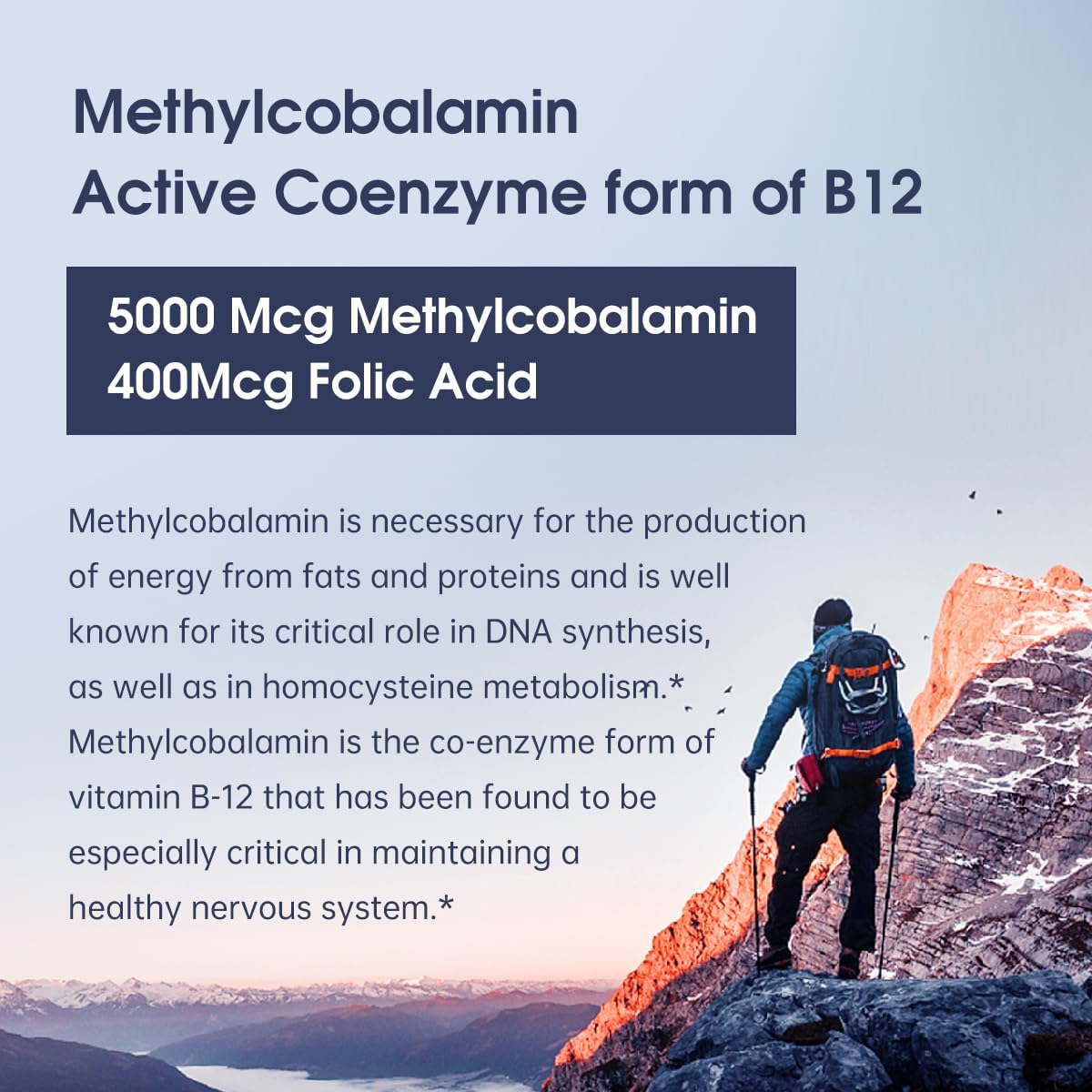 Methyl B-12 5000mcg Chewable with Folate - Vitamin B12 Methylcobalamin Sublingual Tablets - Supports Energy & Brain Function - Vegan Supplement - Orange Flavor - 120 Count