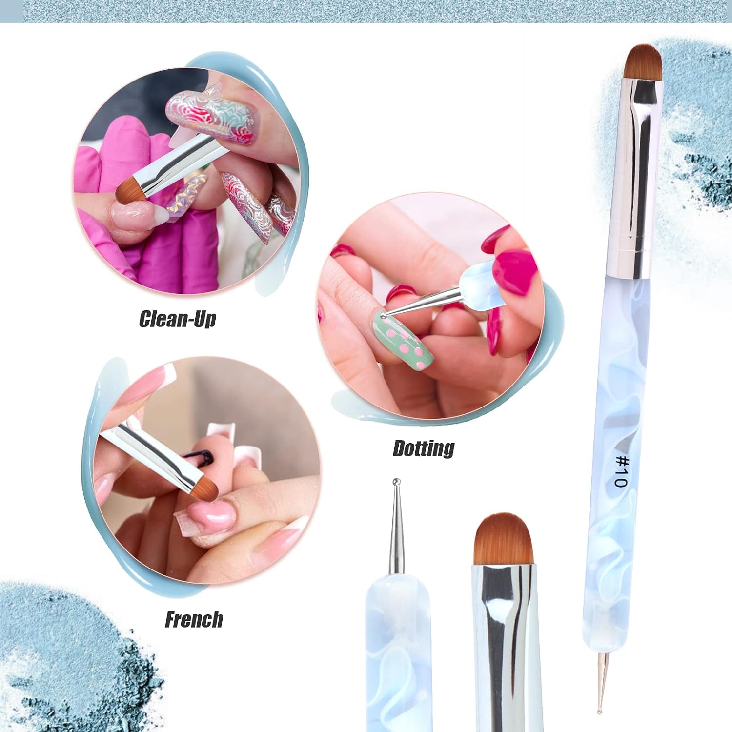 French Manicure Brush - Two Way Nail Art Brush with Dotting Tool for Cuticle Clean Up & Nail Art Design - Professional Salon Quality, Blue (10#)