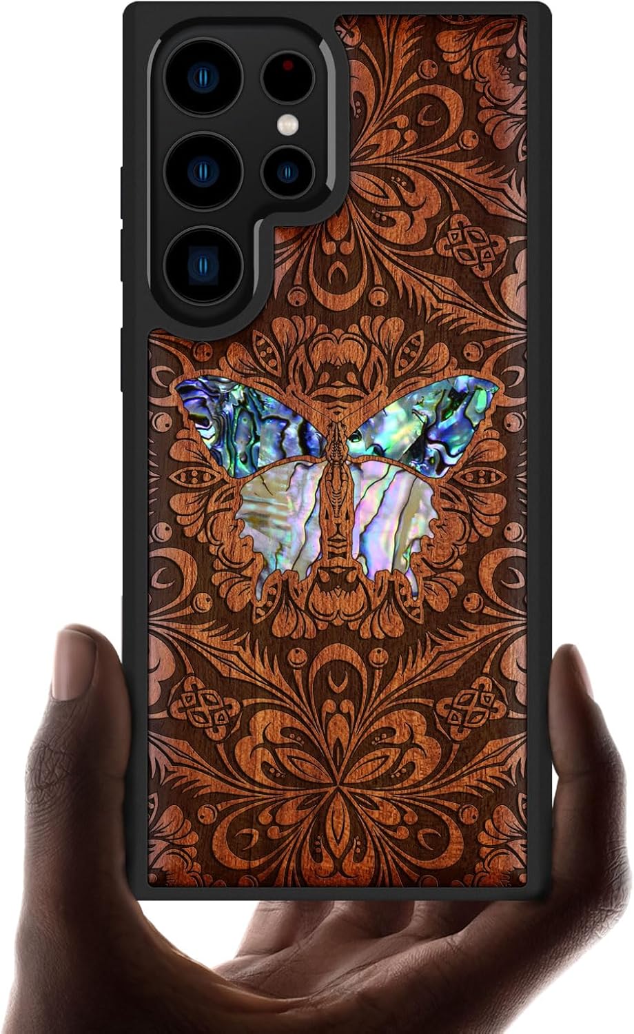 Carveit Designer Wooden Case for Samsung Galaxy S23 Ultra Cover [Wood Engraving & Shell Inlay] Compatible with Wireless Chargers S23 Ultra Case (Baroque Butterfly-Rosy)