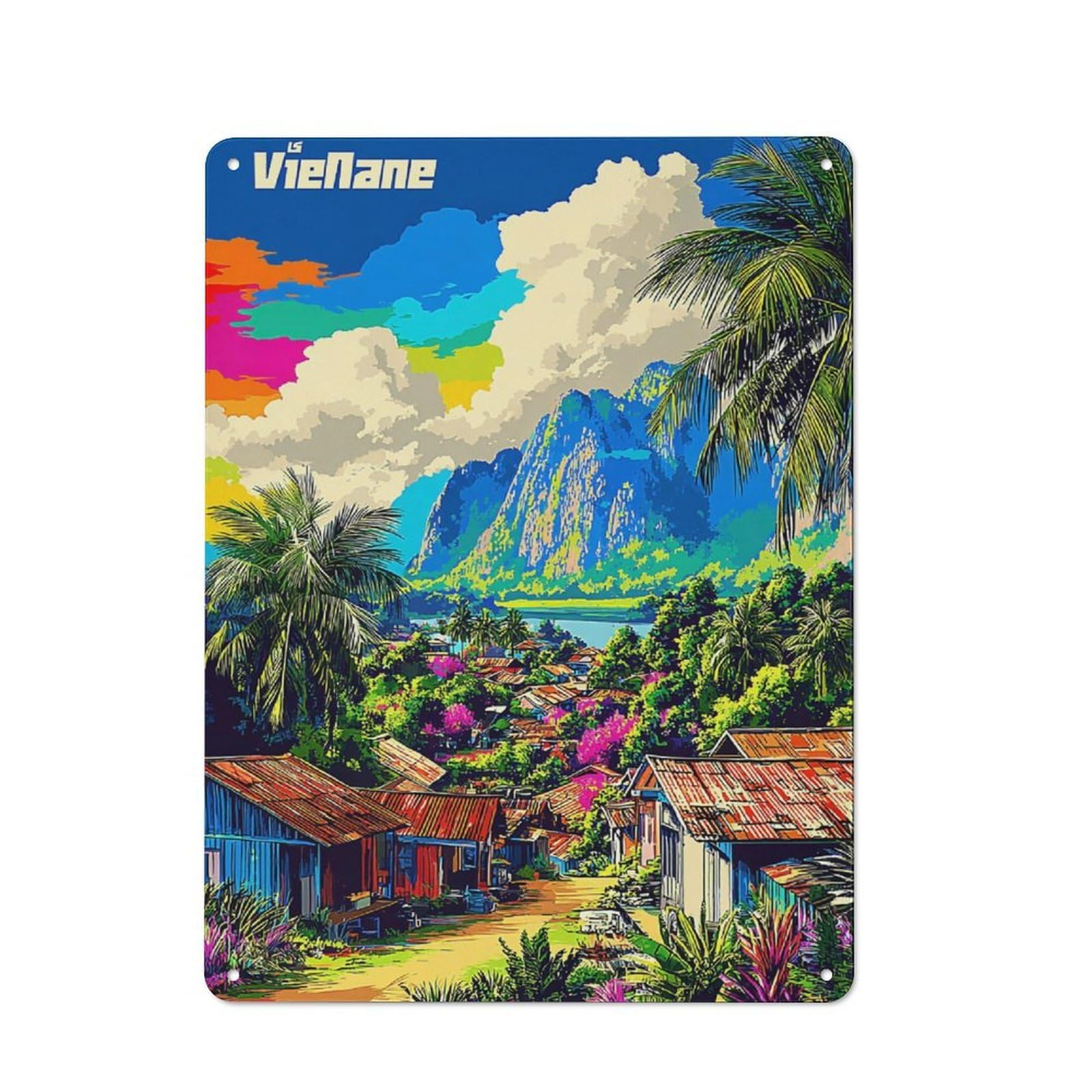 Junmoney Vibrant Tropical Village Scene -1 40X30cm Retro Tin Sign With For Living Room Or Hallway, A Decorative Metal Sign For Living Rooms And Hallways
