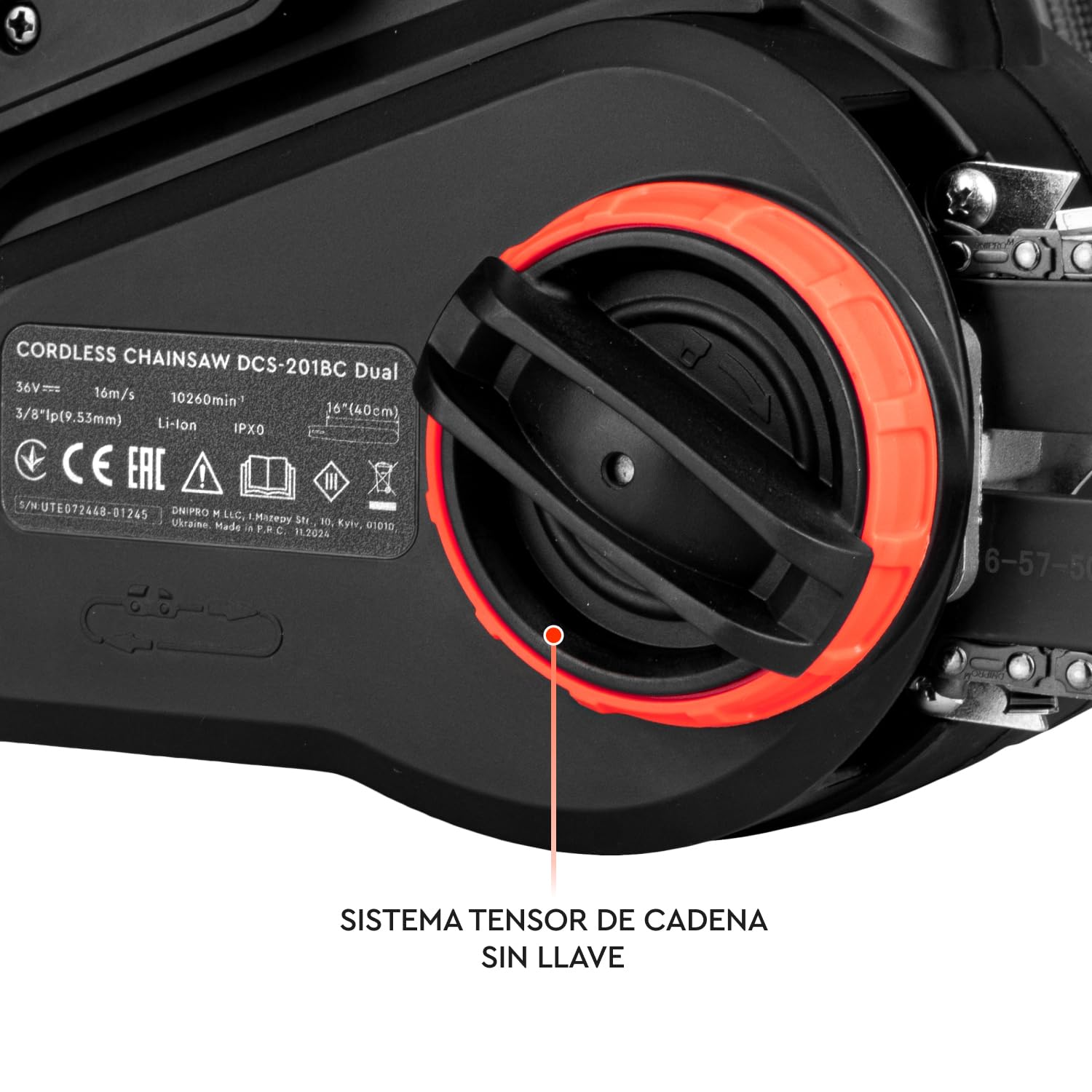 Motosierra a Batería DCS-201BC Dual 2x20V - Espada de 40 cm, Velocidad de Cadena 16 m/s, 8000 RPM, Cadena 3/8” - Peso 4 Kg, Freno de Seguridad - Incluye 2 Baterías 4 Ah y Cargador Dual - Por Dnipro-M