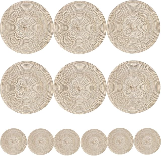 TEERFU 12PCs Round Woven Placemats,Table Place Mats and Coasters Sets - Non slipHeat Resistant Washable Tableware Round Dining Table Mats