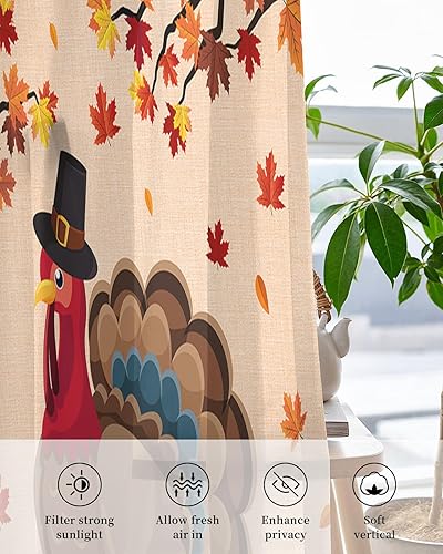 Miniatura 4 de Autumn Turkey Sheer Curtains 24 Inch Length Light Filtering Curtain Panel for Windows, Pumpkins Fallen Leaves and Rustic Style Grommet Semi Sheer