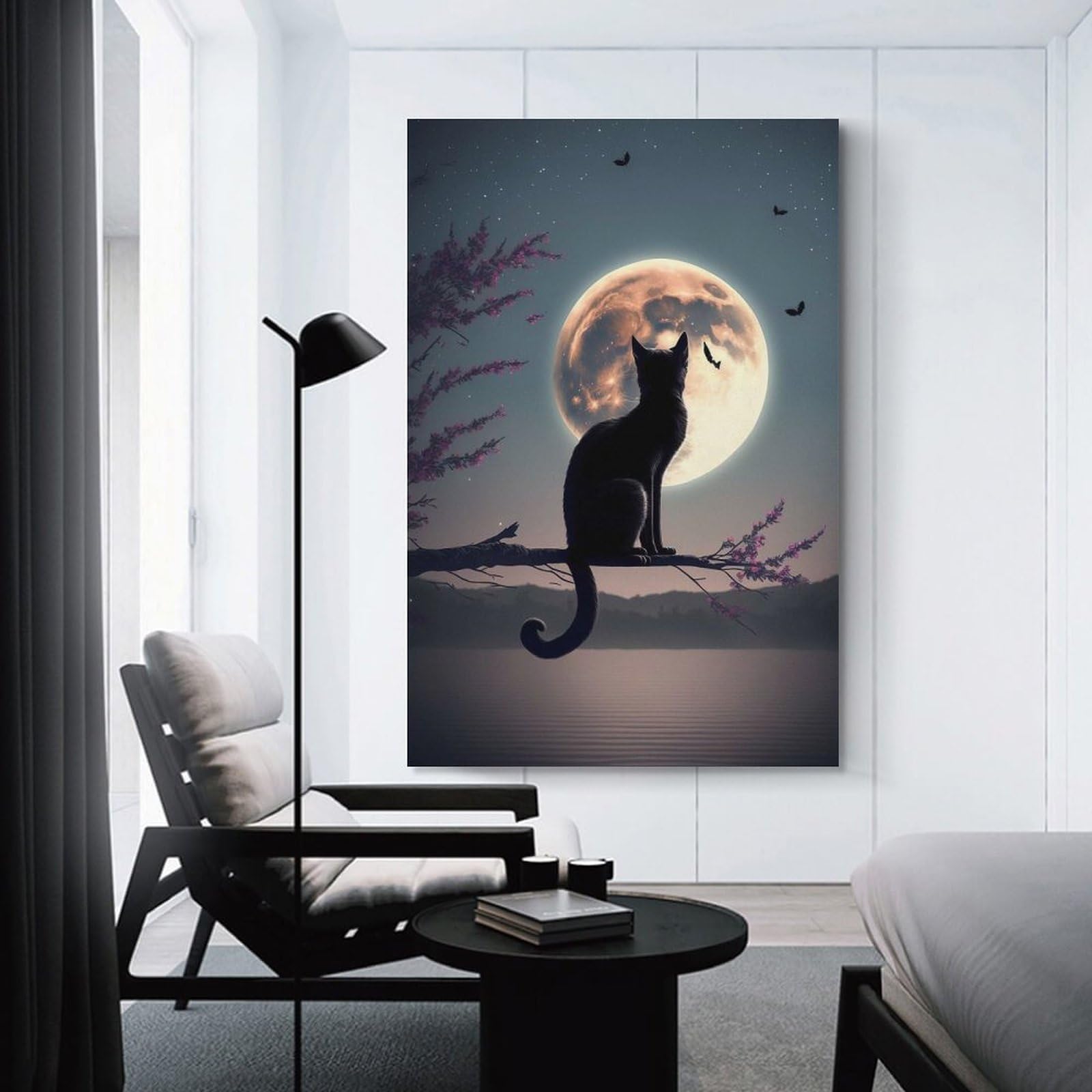 Junmoney Unframe-Style-3 Cat Moon Night Home Decor Wall Art 16X24inch(40X60cm), For Lounge, Study, Hallway Or Flat Walls, Stylish Home Artwork For Focal Walls