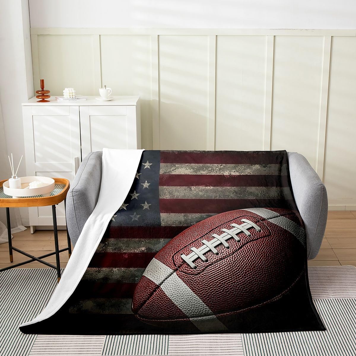 Erosebridal American Flag Blanket, Boys Football Throw Blanket Queen 90x90 Soccer Sports Games Fleece Blanket United States Federations Stars Stripes Bed Blanket for Kids Teens Adult Bedroom Decor