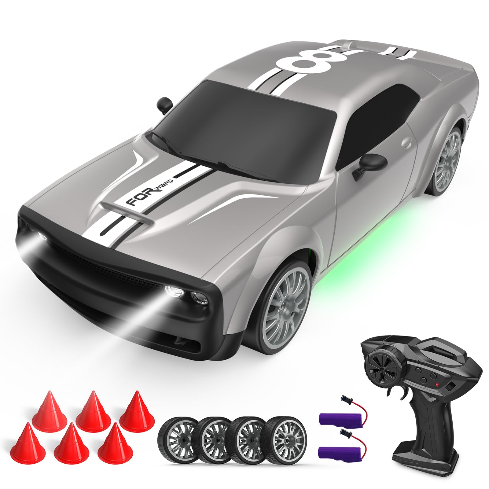 RC Drift Car Remote Control Car 2.4GHz 1:20 Scale 4WD 20KM/H High Speed Remote Control Cars Vehicle with LED Lights Drifting Tire 2Pcs Rechargeable Batteries Toy Cars for Adults Boys Girls (Silver)