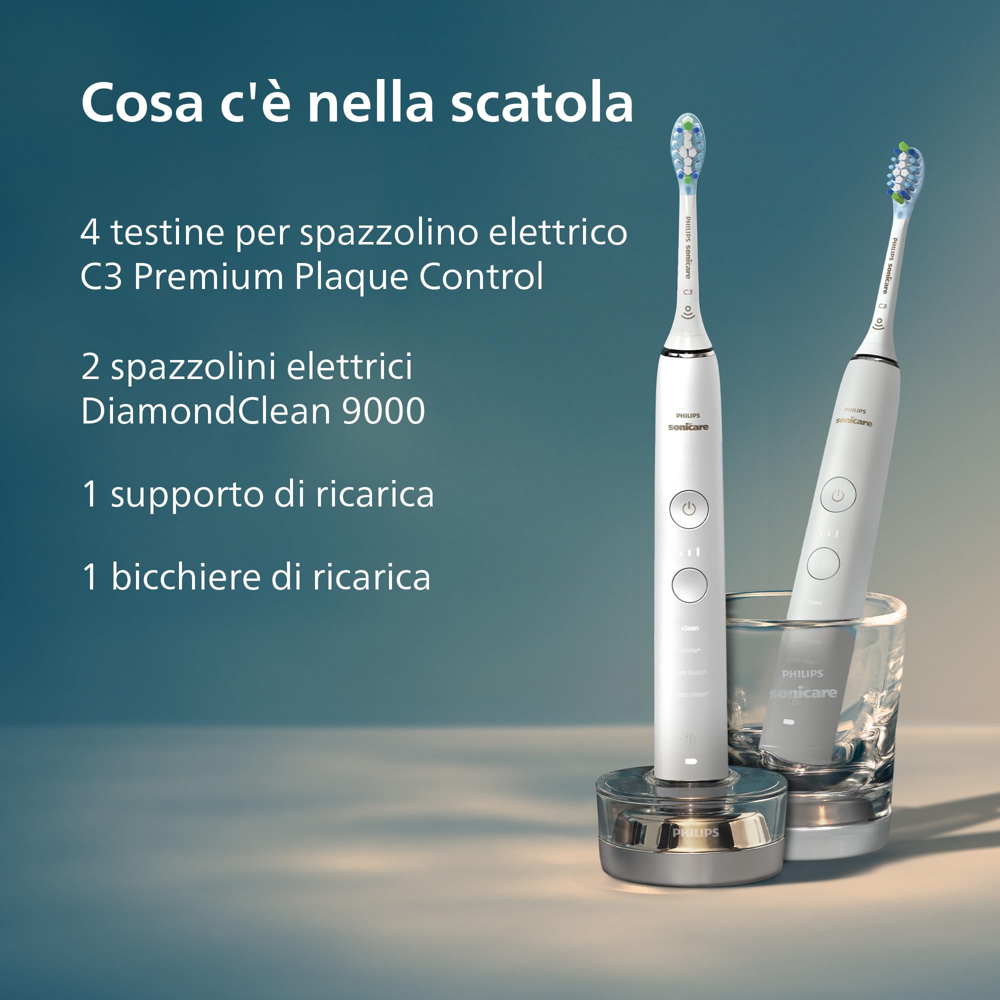 Philips Sonicare DiamondClean 9000 spazzolino elettrico, confezione doppia, spazzolino sonico con app, sensore di pressione, 4 modalità di pulizia, 3 livelli di intensità, bianco, modello HX9914/62