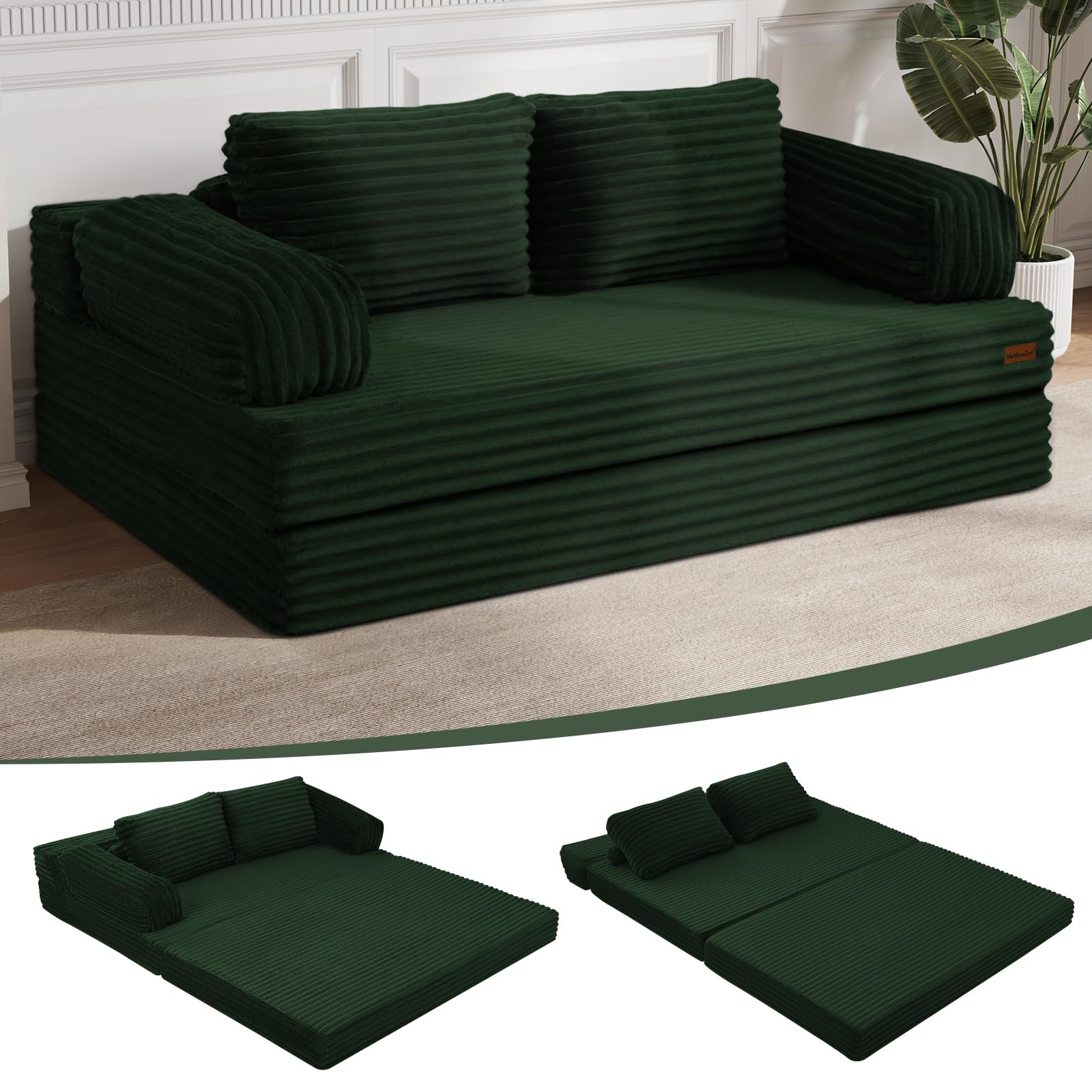 MeMoreCool Sofá cama convertible, sofá cama plegable, sin huesos, colchón extraíble con almohadas, sofá de dos plazas plegable para espacios pequeños y dormitorio de invitados, color verde