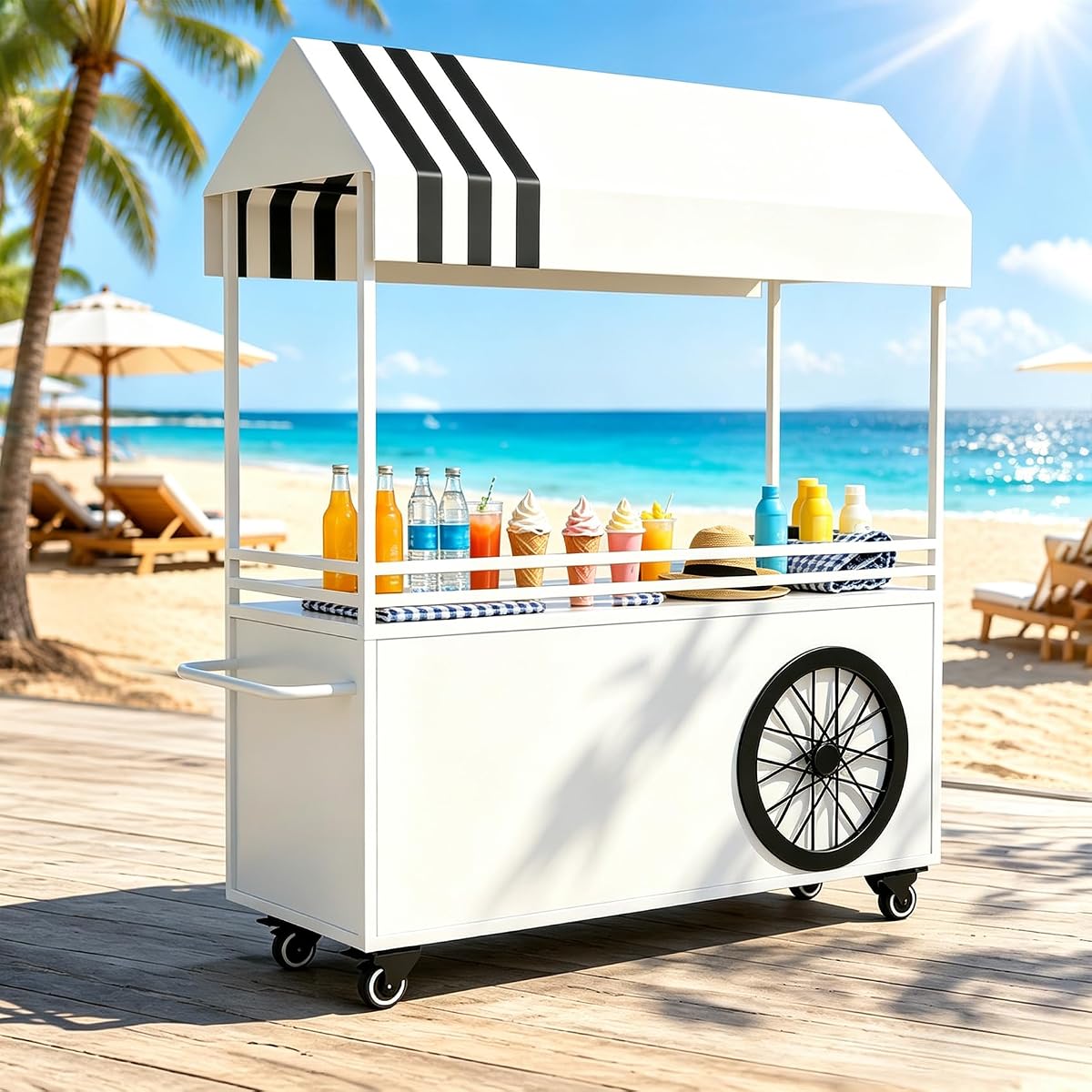 Carrito de vendedor portátil de 55 pulgadas de largo, carrito de dulces con ruedas para fiesta (blanco) | Ruedas giratorias de 360°, marco de metal, diseño desmontable, carritos de helados para mercado, comida callejera y eventos