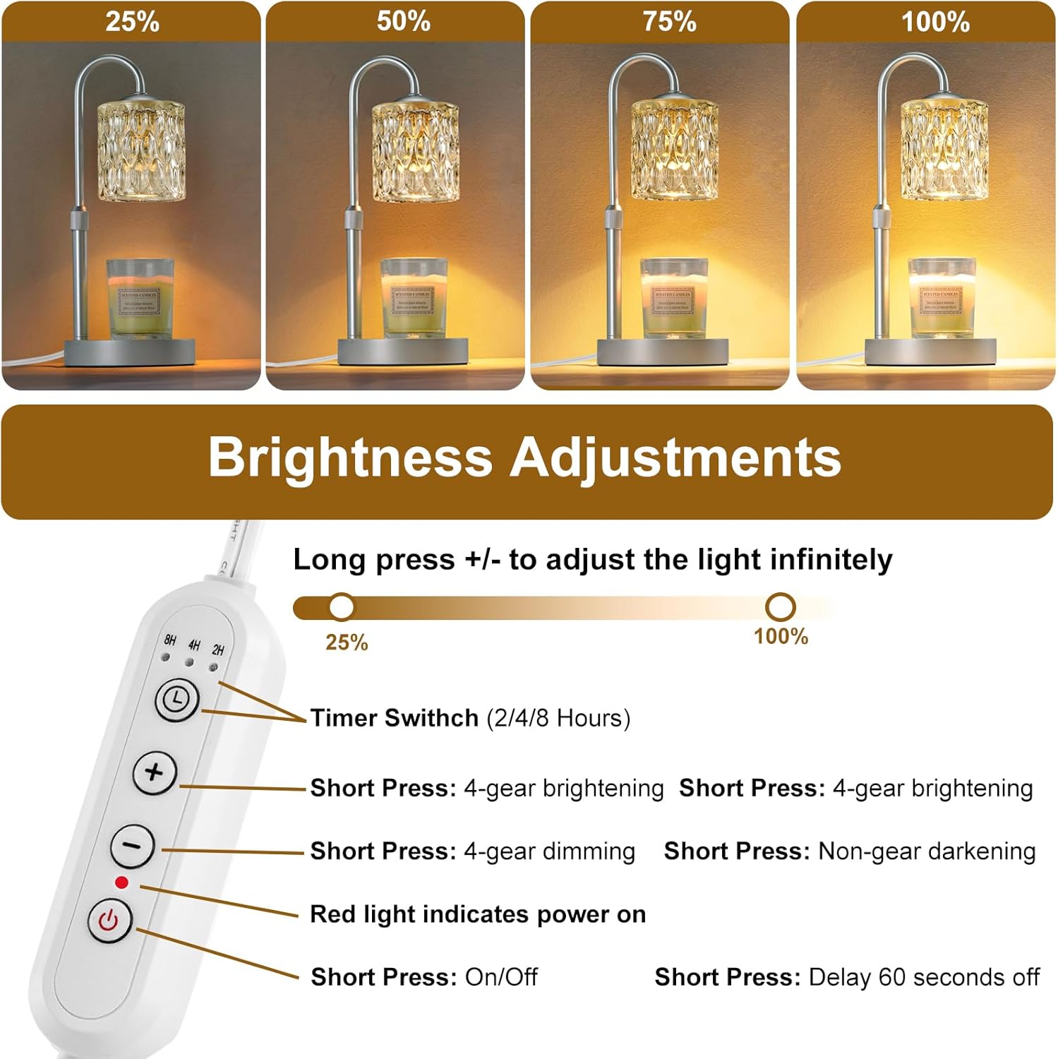 Briever Dimmable Candle Warmer Lamp with Timer, Height Adjustable Electric Candle Wax Warmer, Christmas Birthday Gifts for Women Mom, House Warming Gifts New Home Room Decor, Silver Solid Wood Base