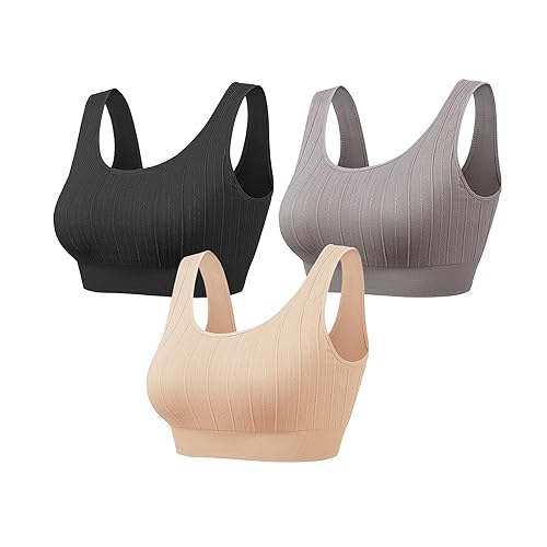 Vinfact 3 Pack Striped Sports Bras for Women Removable Padded Wireless Bras Yoga Bra Support Workout Fitness - X-Large - Black,skin,grey