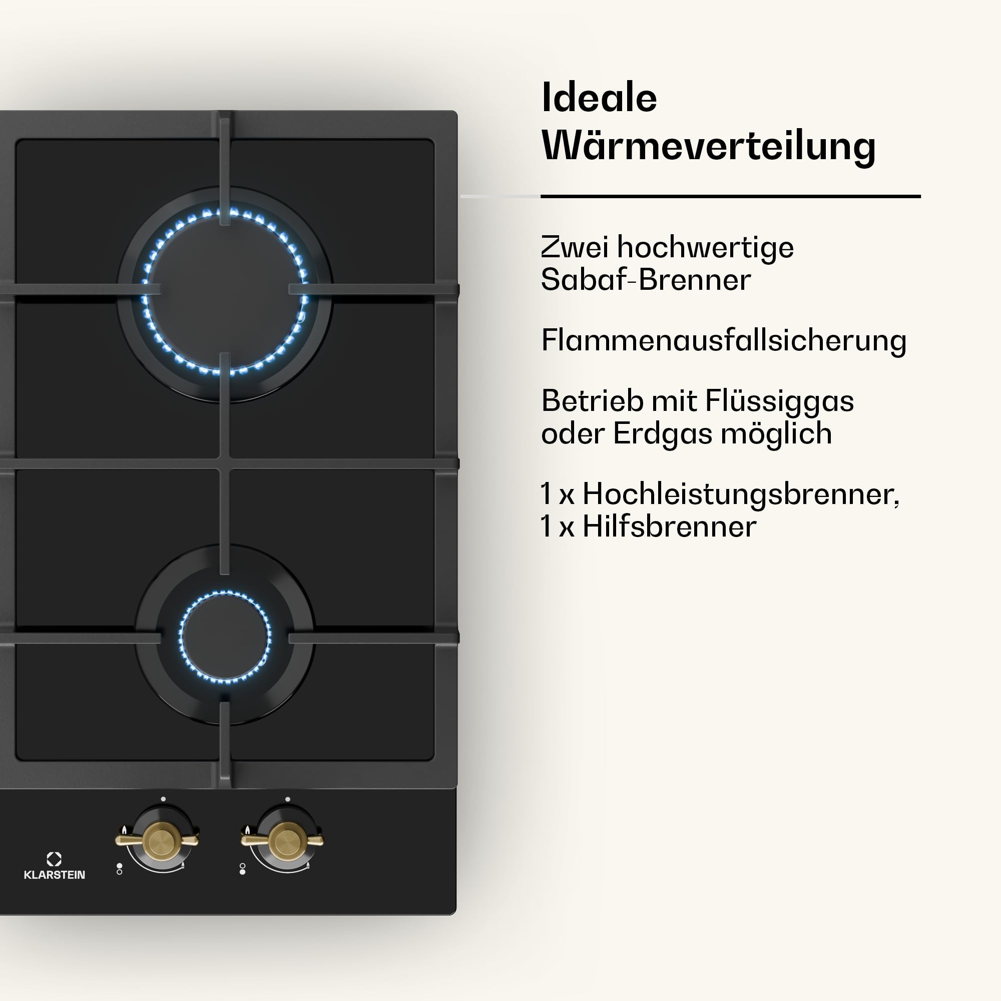 Klarstein Victoria - Gaskochfeld Gasherd, Einbau, Sabaf-Brenner, Erdgas/Propangas, Sicherheitsventile, automatische Abschaltung, Topfträger aus Gusseisen, Glaskeramik Retro-Look, 2-flammig, schwarz