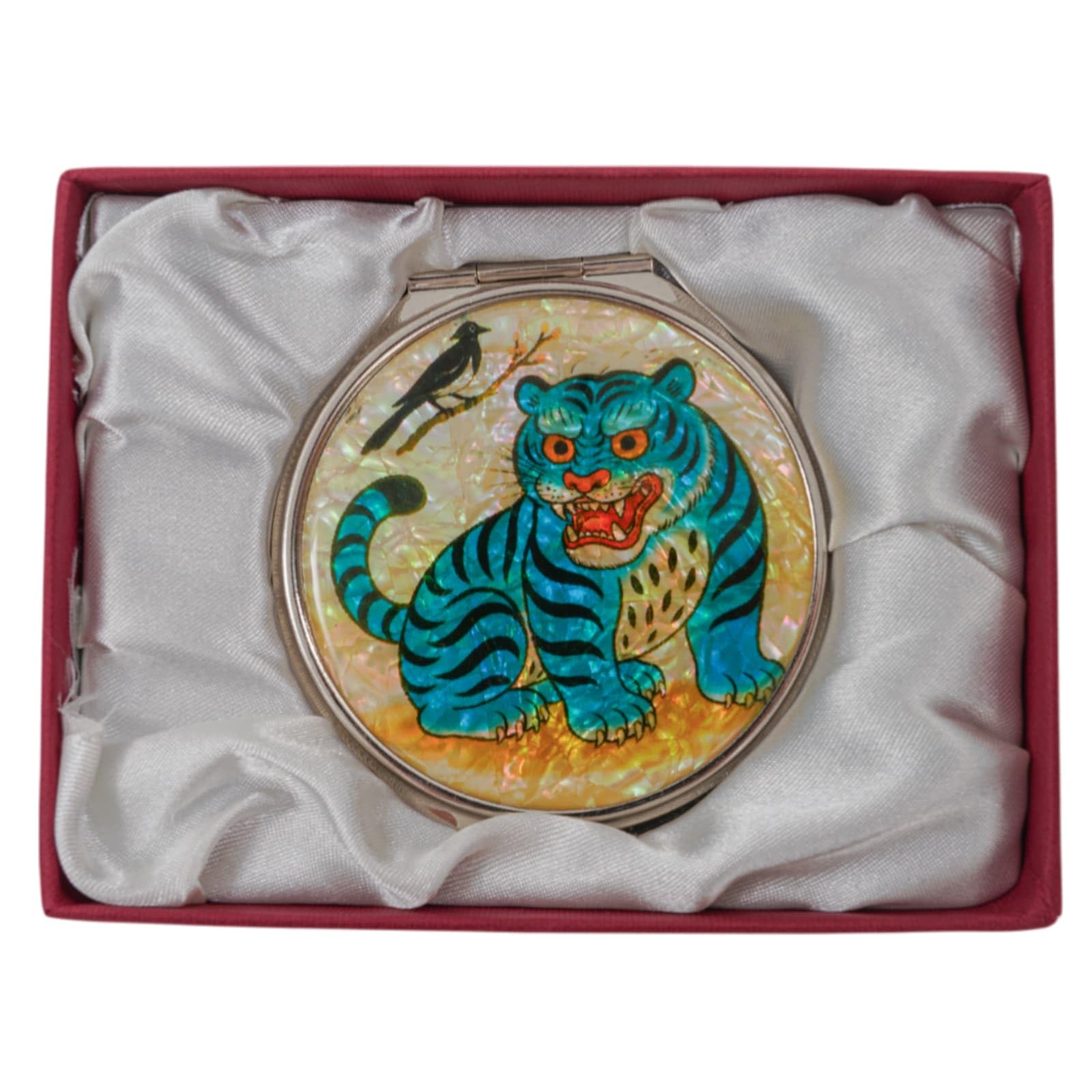 February Mountain Mother of Pearl Compact Mirror – Dual Magnification Gift for Women, Mom, Sister – Birthday or Christmas Idea (1, Blue Tiger &amp; Magpie)