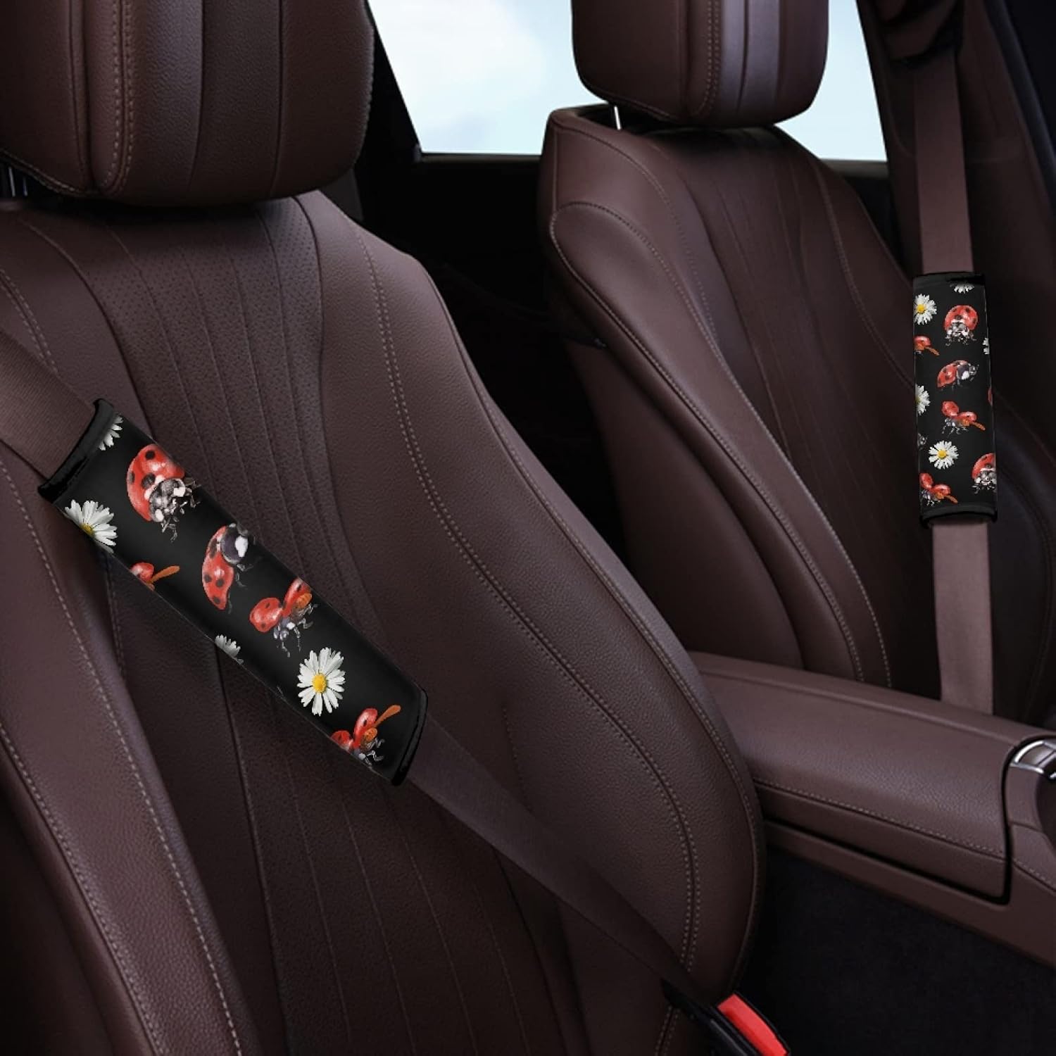 Dreaweet Ladybug Daisy Print Automotive Seat Belt Pads Soft Seat Belt Covers 2 Packs Universal Car Seatbelt Cover, Cute Backpack Shoulder Strap Pads