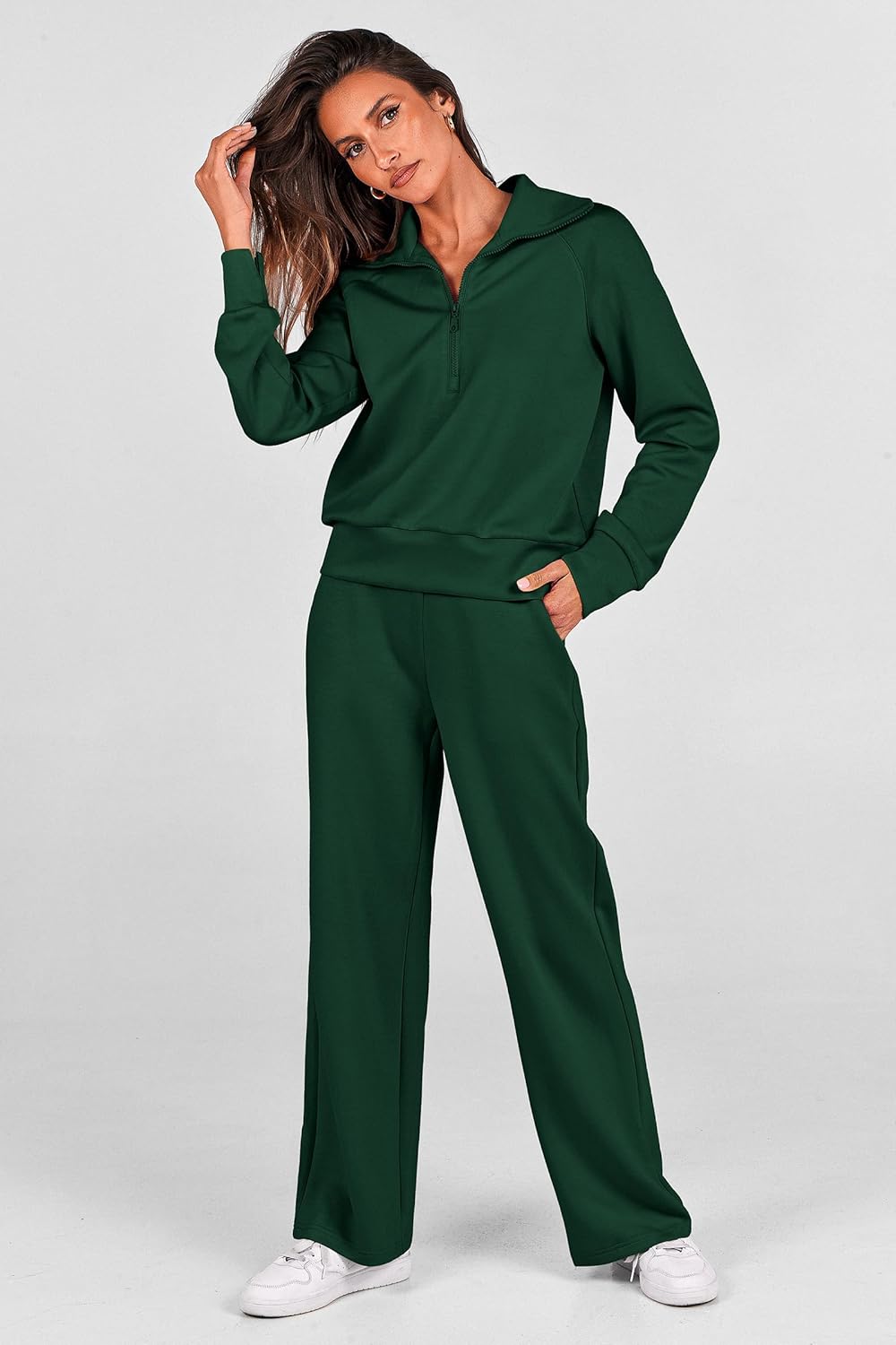 PRETTYGARDEN Women's 2 Piece Outfits Casual Lapel Half Zip Sweatshirts and Wide Leg Pants Tracksuit Sets - Image 4