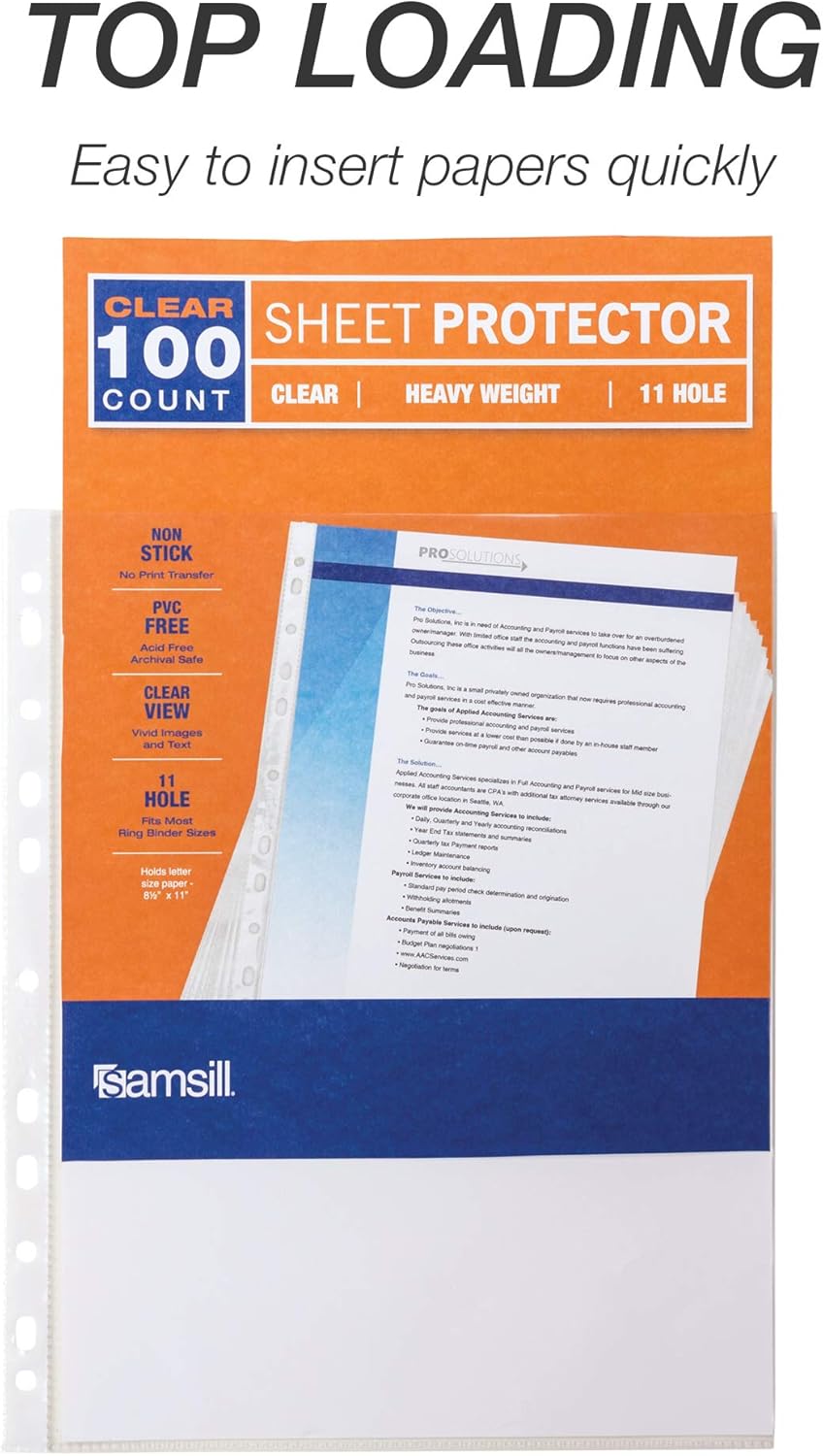 Samsill Clear Heavyweight Top Load Sheet Protectors, Universal 11 Hole Punch Fits 3 Ring, 4 Ring and 2 Ring Binders. Acid Free and Archival Safe, Box of 100. : Everything Else