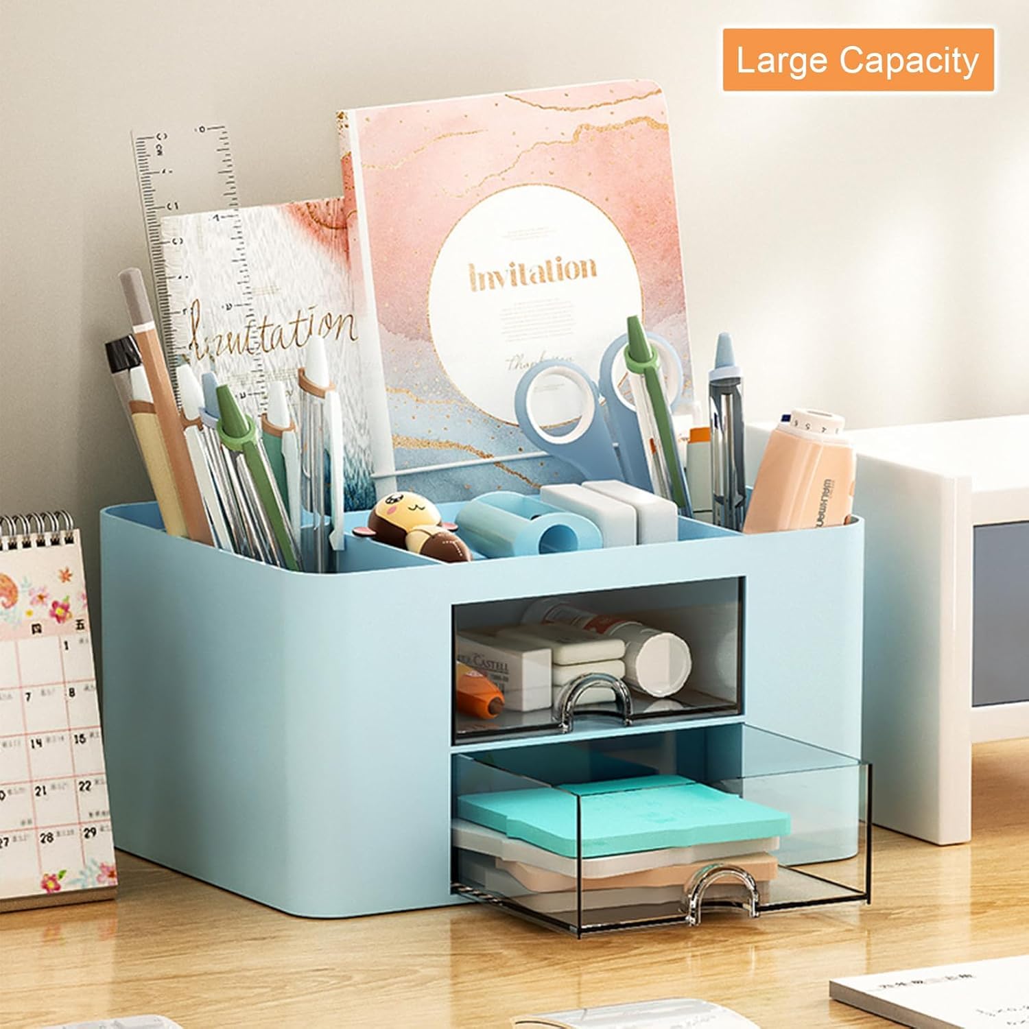 Zeinwap Organizer da scrivania multifunzione con 5 scomparti e 2 cassetti, per scrivania, articoli di cancelleria, cosmetici, penne, pinzette, foglietti adesivi, colore: blu