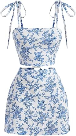 SO ME Floral Printed Woven Shoulder Bow Tie Top and Skirt Set