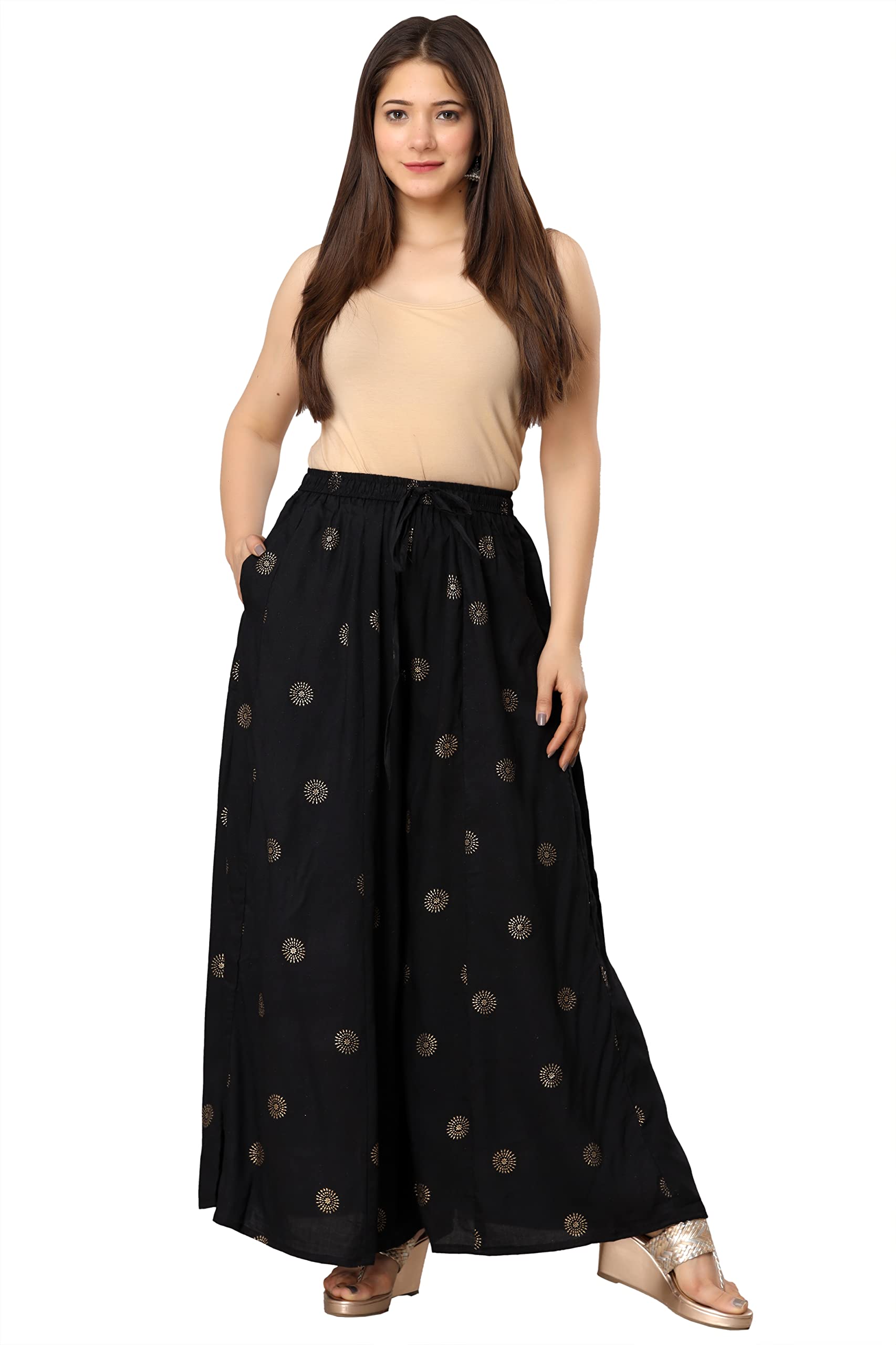 Woman's Rayon HANDBLOCK Gold Print Skirt Palazzo (Free Size)-picture-33