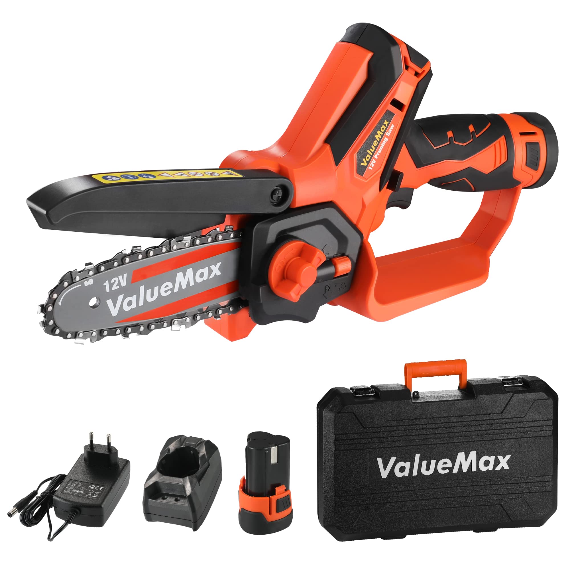 ValueMax Mini Motosierra Inalámbrica 12V, 11cm | Motosierra Portátil con 2 Baterías, Cargador y Bloqueo de Seguridad para Árboles, Ramas y Trabajos de Jardinería