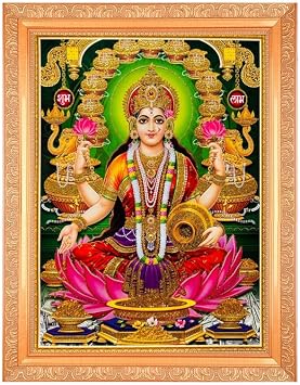 BM TRADERS Lakshmi Mata Golden Zari Art Work Photo In Wall Hanging Golden Frame 11 x 14 Inches OR 27.94 X 35.56 Cms