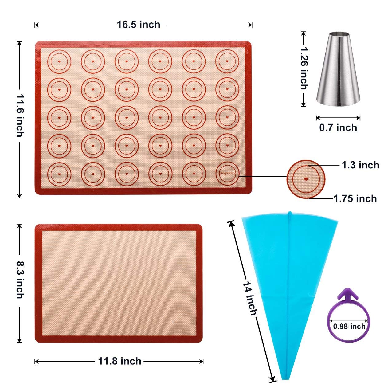 Macaron-Silikon-Backmatten-Set – Macaron-Backmatten-Set, 2 halbe Macaron-Backmatte, 2 Viertel-Macaron-Backbleche, 2 Spritzbeutel mit Beutelband, 6 Spritztüllen, Macaron-Backset