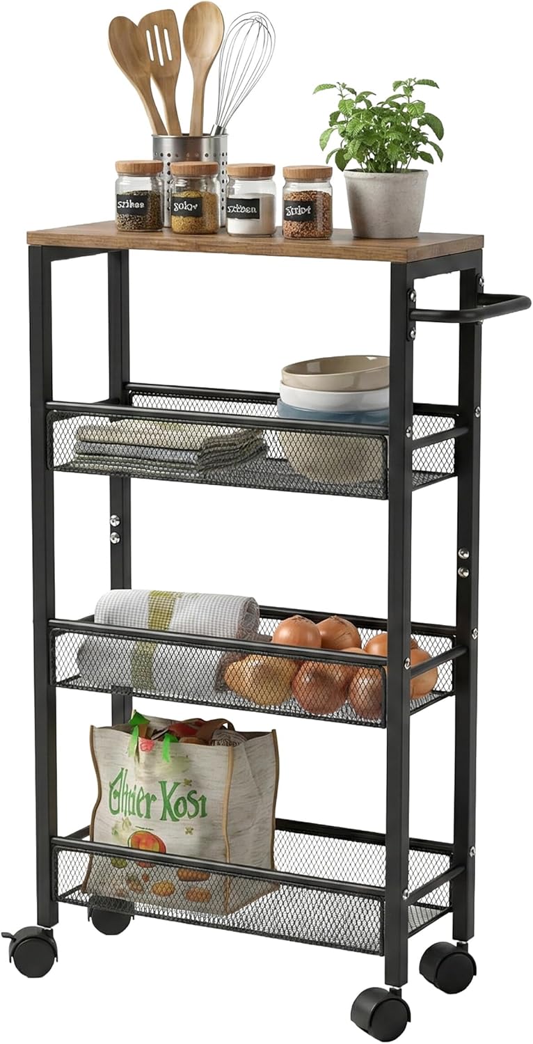 Relaxdays Niche Trolley, H x W x D: 77 x 22 x 45 cm, Narrow Recess Shelf, Bathroom & Kitchen, 4 Levels, Metal Rolling Shelf, Natural/White