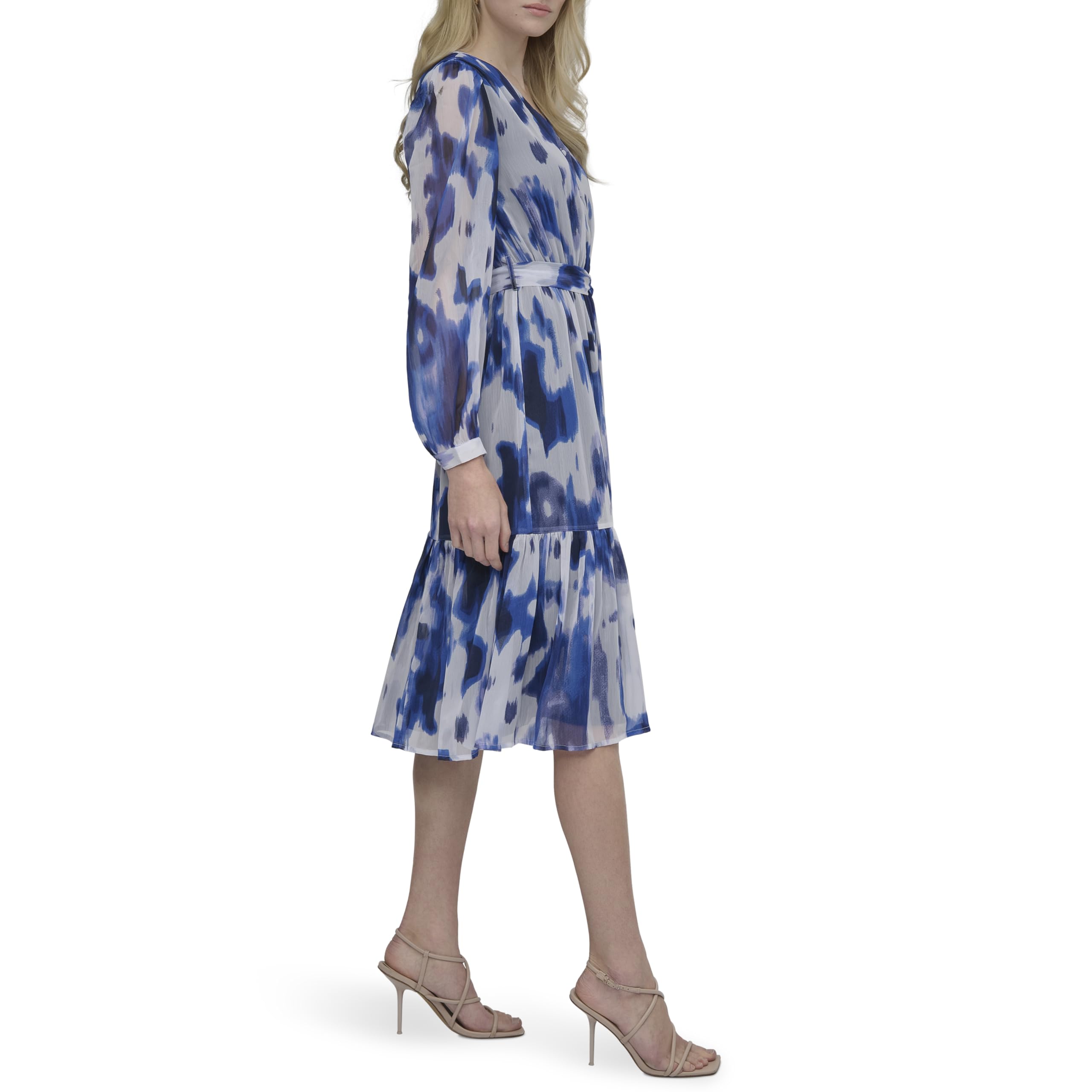 DKNY Long Sleeve V-Neck Tie Waist Midi Dress Vestido Mujer