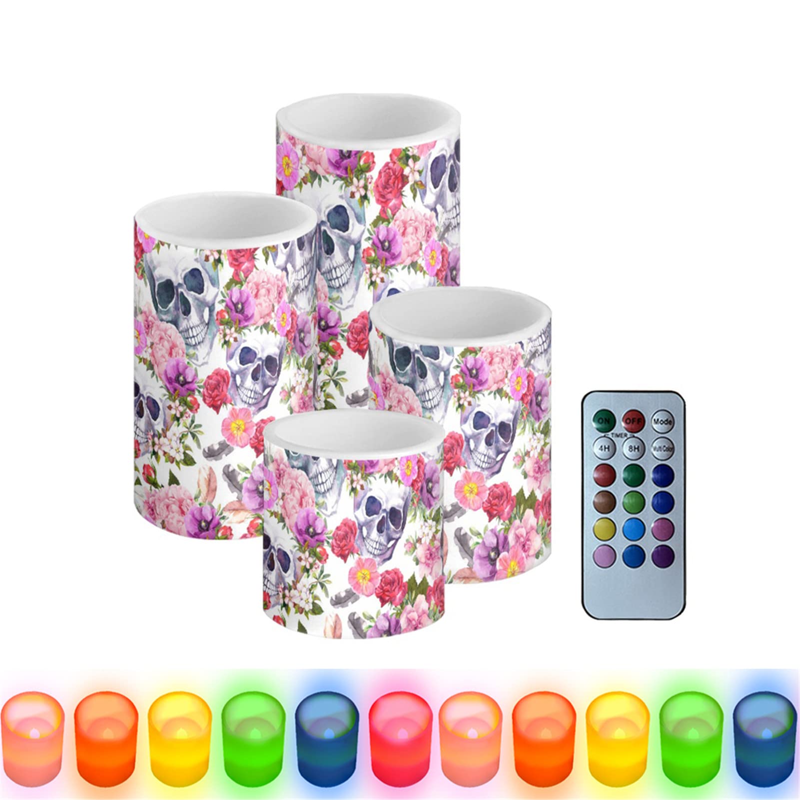 HUGS IDEA 3D Floral Skull Electric LED Candle Lights for Indoor Table Wedding Living Room,Remote Control 4 8 Hour Timer [Rainbow - Remote Control]