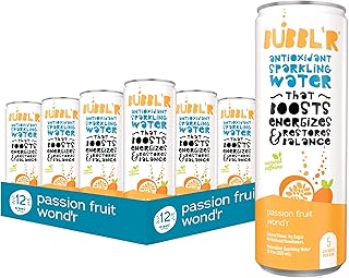 BUBBL'R passion fruit wond'r, Antioxidant Sparkling Water with Natural Caffeine, 0g Sugar, Gluten Free, All Natural Flavors, 12 Fl Oz Cans, 12 Count