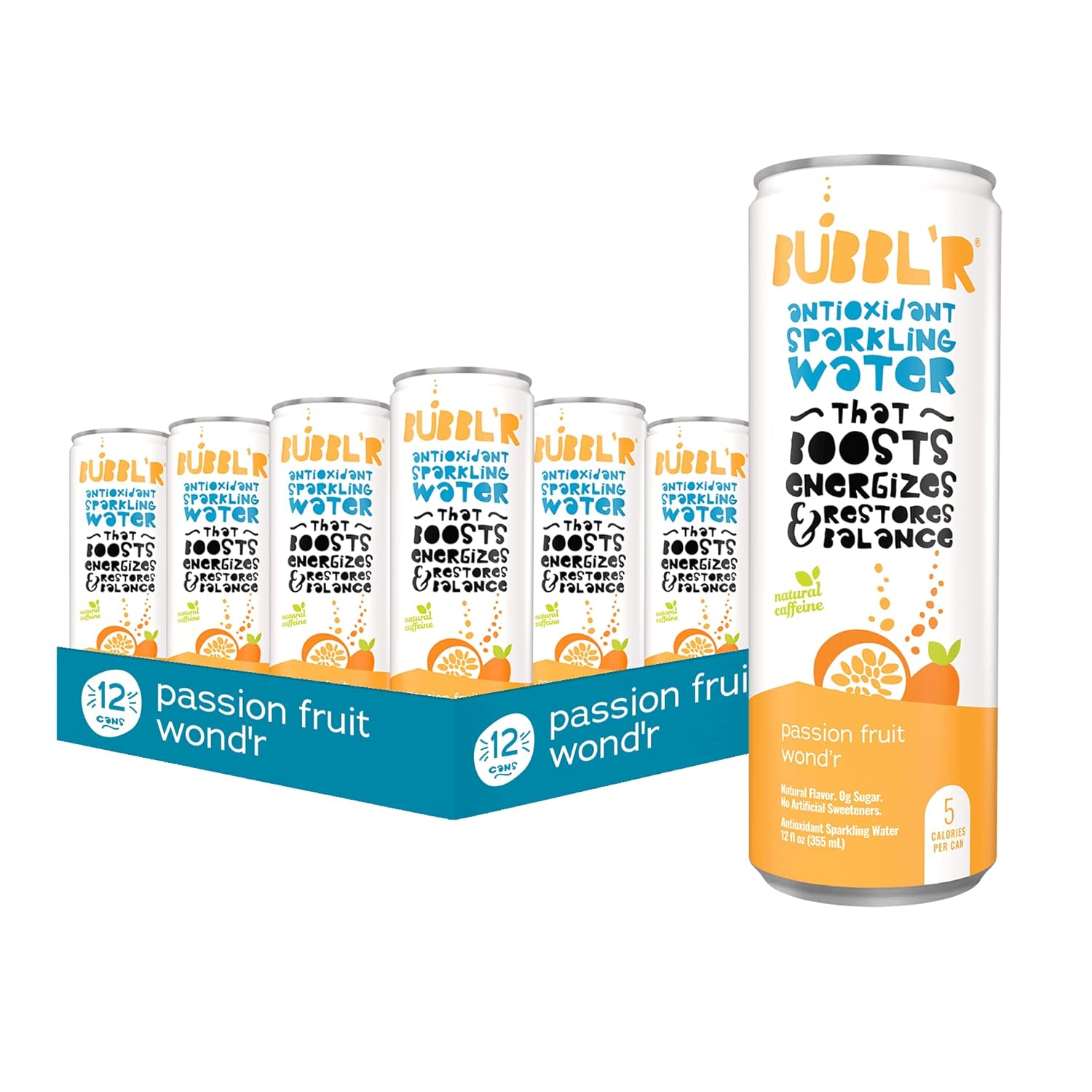 BUBBL'R passion fruit wond'r, Antioxidant Sparkling Water with Natural Caffeine, 0g Sugar, Gluten Free, All Natural Flavors, 12 Fl Oz Cans, 12 Count