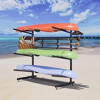 Kayak Storage Rack, Widen & Lengthen Freestanding Kayak Stand with Wheels, Heavy Duty Kayak Holder, Adjustable Canoes and Surfboards Bracket for Outdoor Indoor Storage, Assembly Required