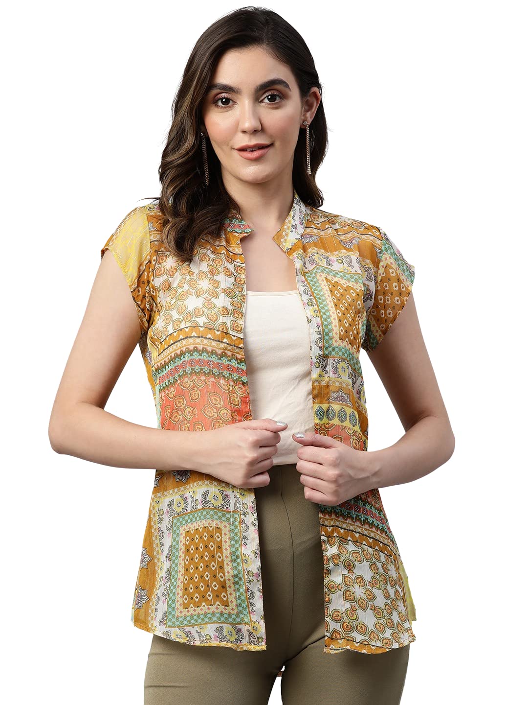 cottinfab Yellow and Rust Printed Open Front Shrug-picture-14