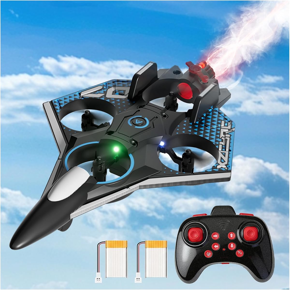 Avión RC con spray fresco, aviones de control remoto de espuma con luz LED, juguetes de combate a reacción con volteo de 360°, rollo de acrobacias, avión RC para niños adultos mayores de 6 años, regalos para niños niños niñas, negro