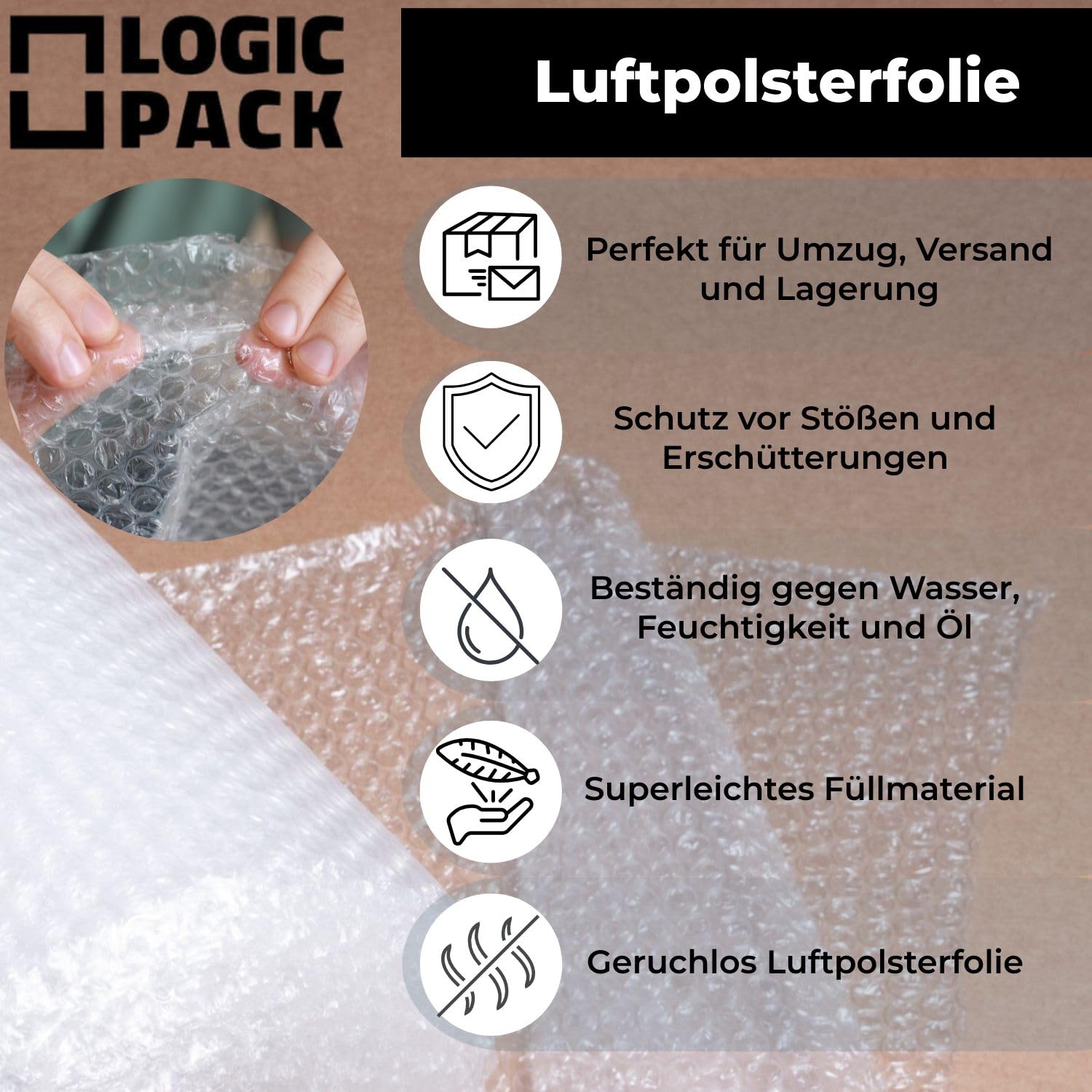 Luftpolsterfolie Rolle für Verpackung, Versand und Umzug 25m x 50 cm - Bubble Wrap Verpackunsgmaterial, 100% recyclingfähig, leicht zu schneiden, 2-schichtig 60my 4 Stück