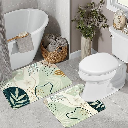 Miniatura 8 de Uphome Tapetes de baño para baño, bonitas alfombras de inodoro con forma de U, antideslizante, lavable, suave, alfombra de baño botánica abstracta,