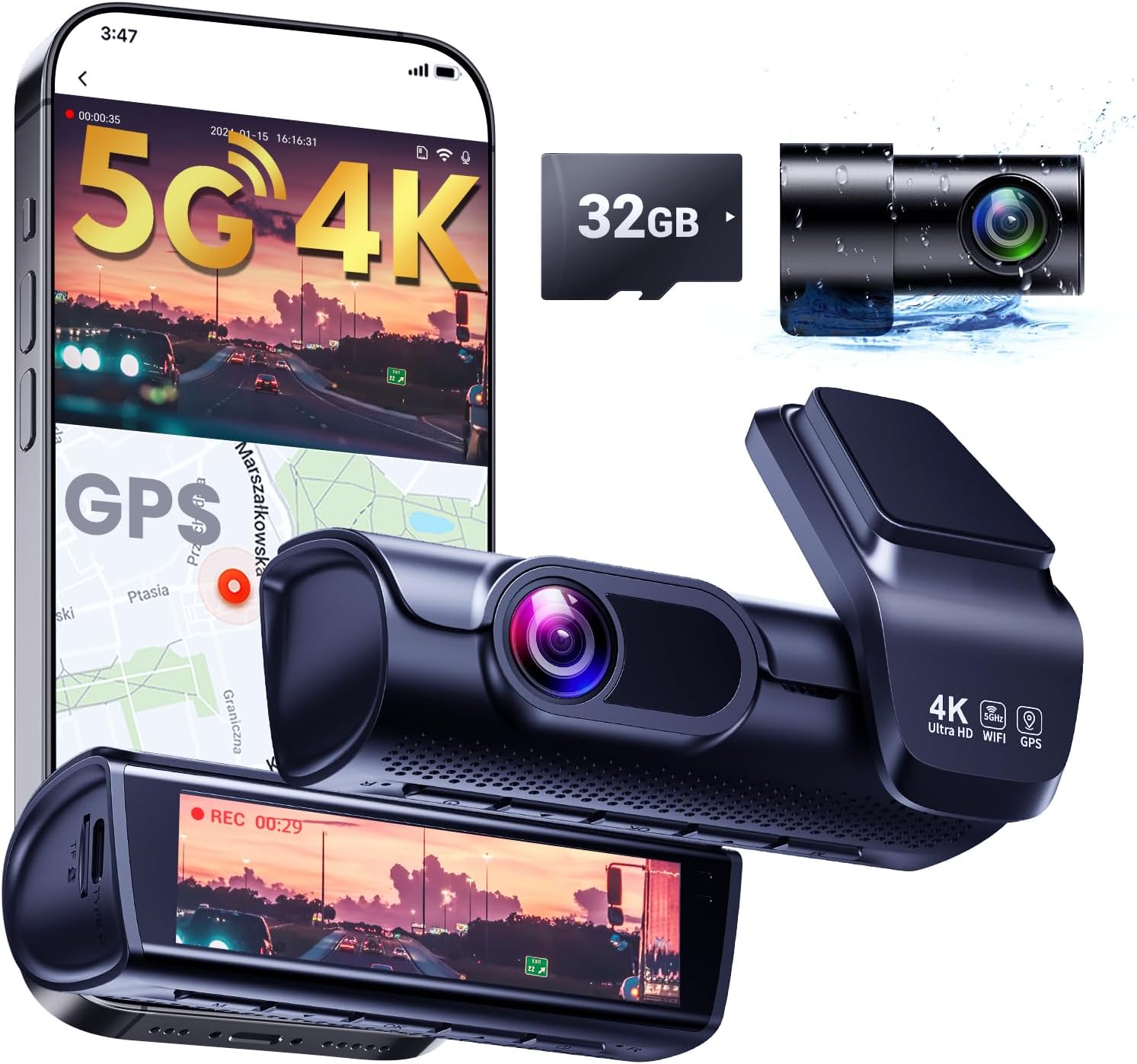 Car Dash Cam Front and Rear: 4K Dual Channel Dash Camera for Cars with 5G Wireless WiFi and GPS – HD Dashcam for Auto Security with Parking Mode – Driving Recorder with Night Vision and Speed
