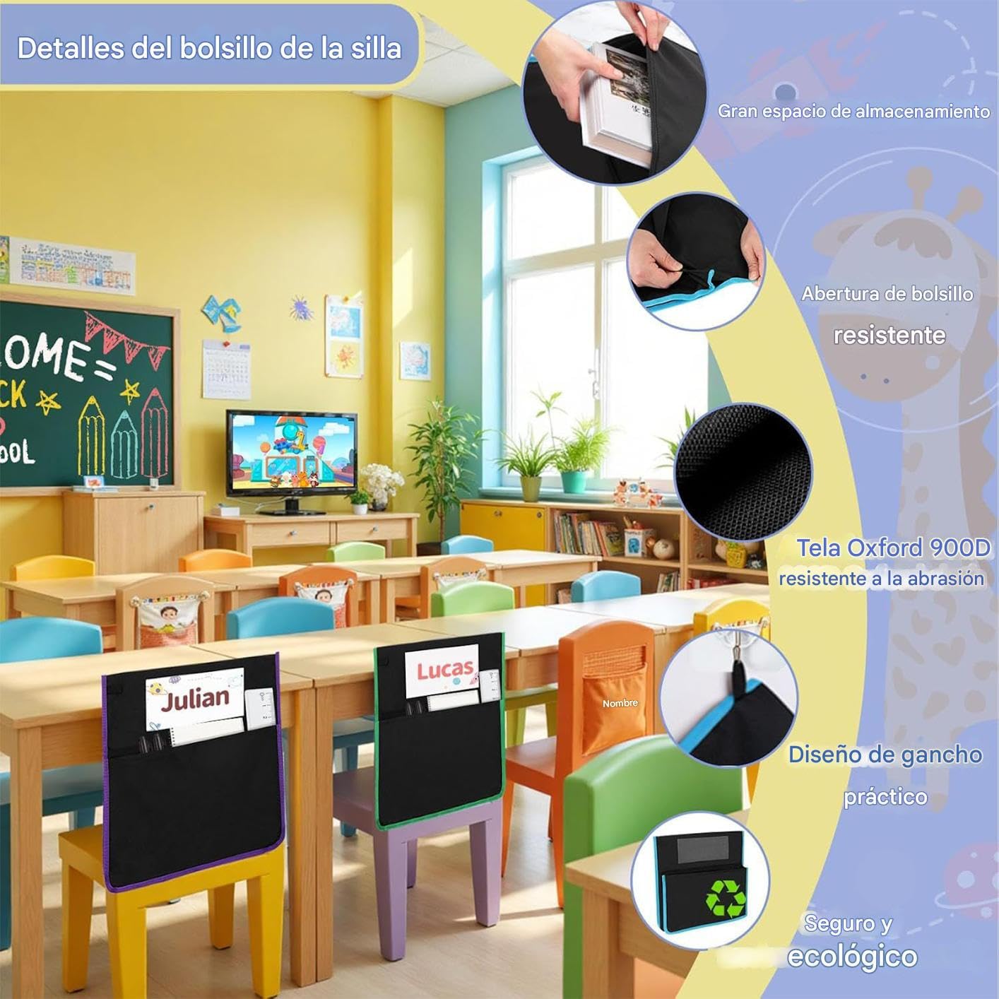 Bolsillos para Sillas Tela Oxford 900d Lavable a Máquina | Bolsillos para Sillas Suministros Escolares Almacenamiento Libros Guardería Hogar Arte y Laboratorios