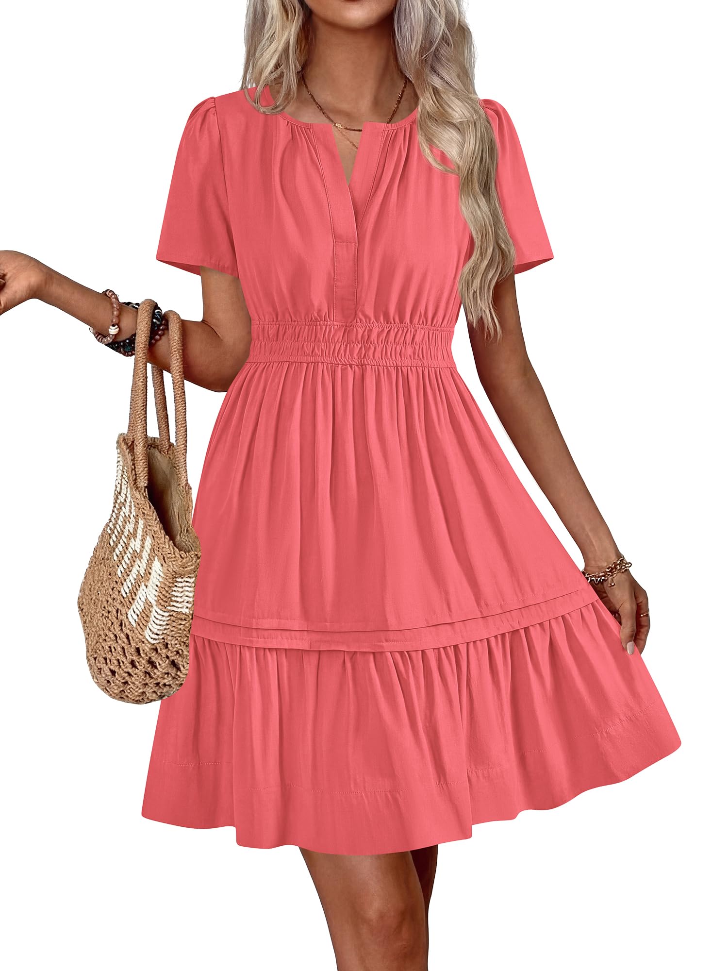 BTFBM Women's Casual Dresses 2026 Summer Spring V Neck Short Sleeve Sundress Smocked Waist A Line Tiered Mini Dress — view 9