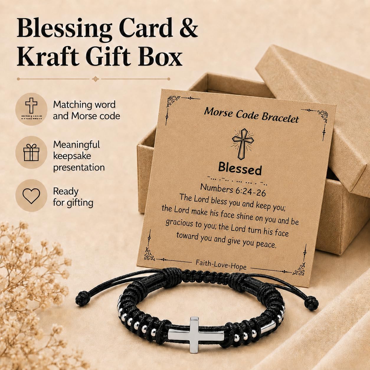 Morse Code Cross Leather Bracelet for Teen & Men, Inspirational Religious Faith Wristband with Bible Verse Card, Blessed Brave Grace Love You Inspirational Jewelry Gift for Son Baptism Confirmation Birthday