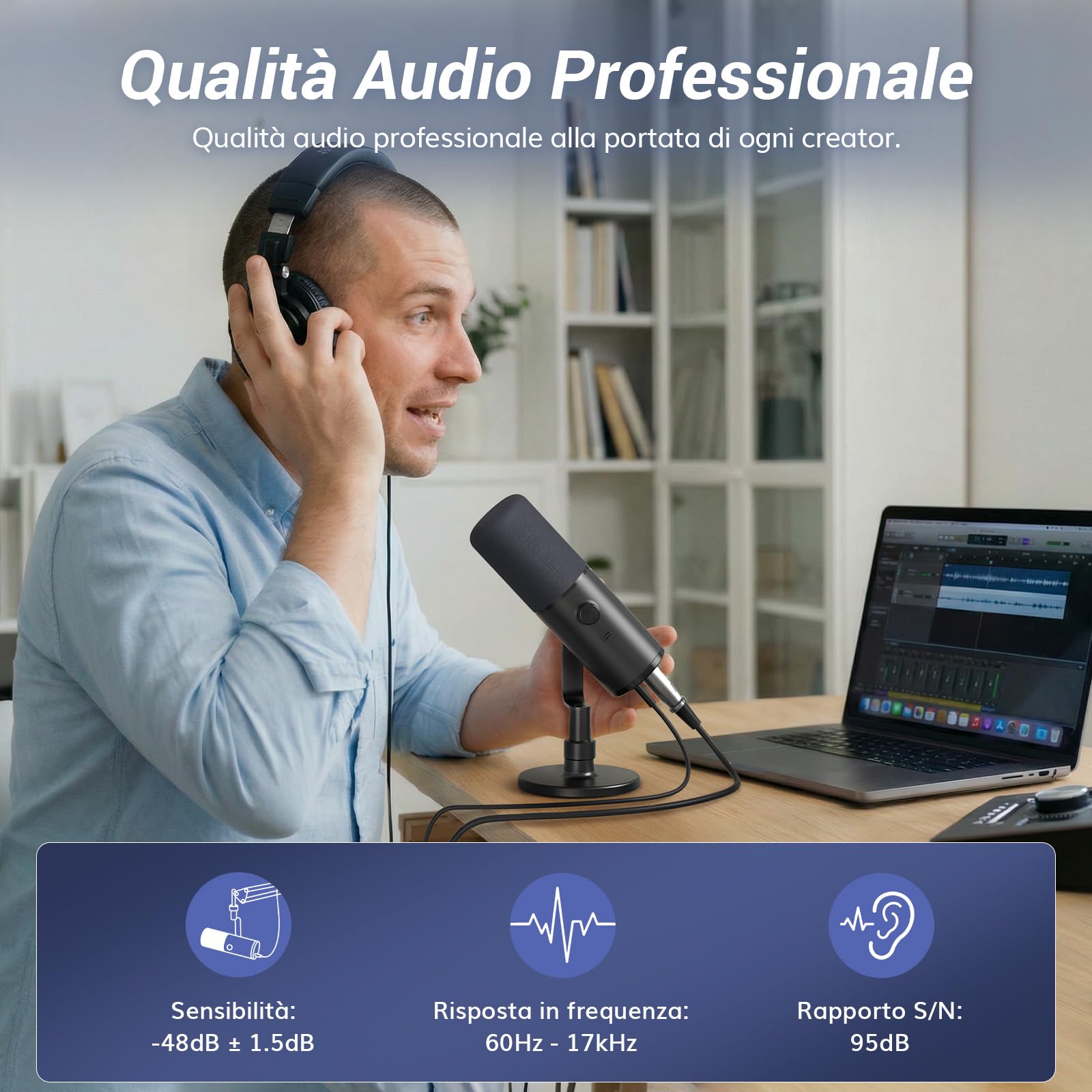 TONOR Microfono podcast dinamico per studio, microfono XLR/USB, cancellazione del rumore AI, funzione tap mute, jack per cuffie da 3,5 mm, controllo volume, micro con supporto da tavolo, nero, TD510