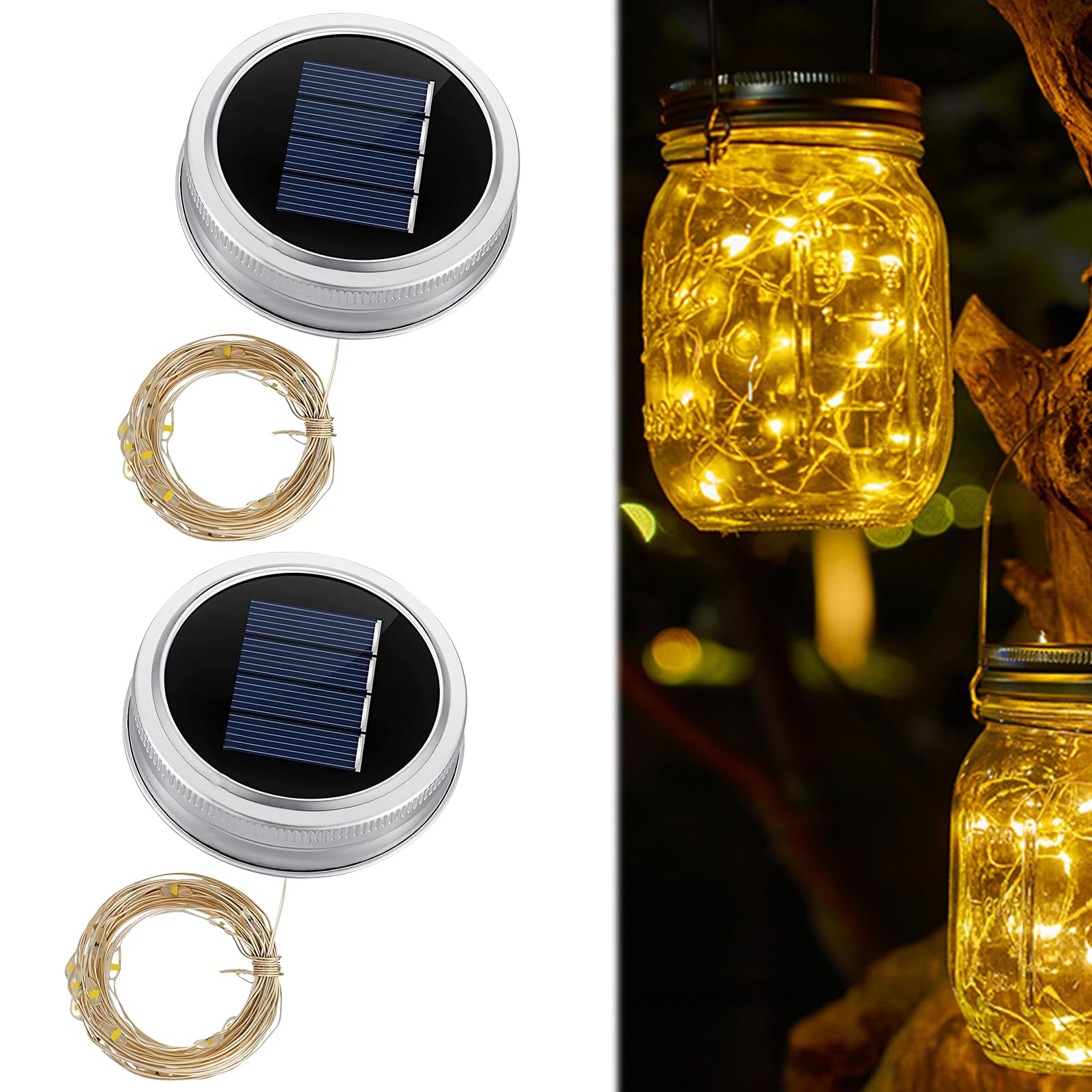 Nexoria Solar Light Lids for Mason Jars, 600mAh Replacement Panels with Warm White Lights, Solar Light Replacement Top for Garden Mason Jars (2PCS (with String Lights) 6cm Inner Diameter)