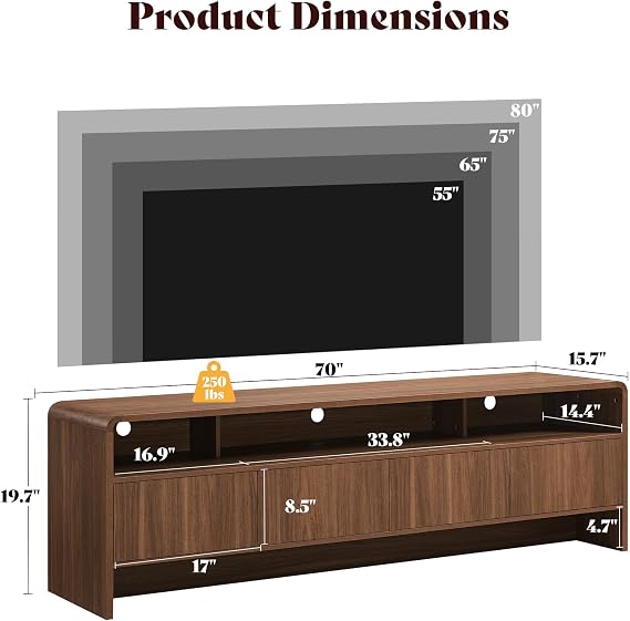 AMERLIFE 70 Modern TV Stand for TVs Up to 80, Wood TV Console with Curved Profile Design & 2 Storage Cabinets, Media Console Entertainment Center for Living Room, Brown