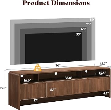 AMERLIFE 70 Modern TV Stand for TVs Up to 80, Wood TV Console with Curved Profile Design & 2 Storage Cabinets, Media Console Entertainment Center for Living Room, Brown