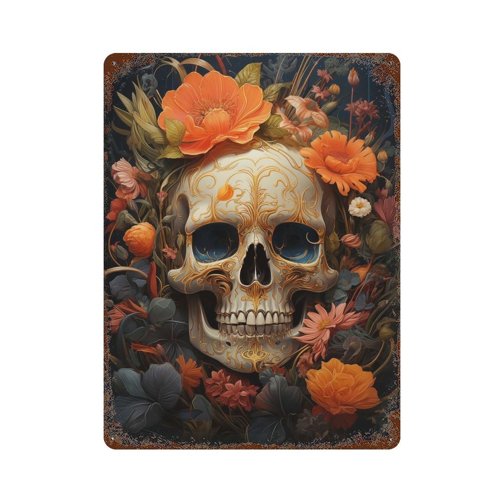 Floral Skull Art Rusty Metal Tin Sign 15.7"x11.8", Ideal for Farmhouse, Kitchen And Entryway Decor