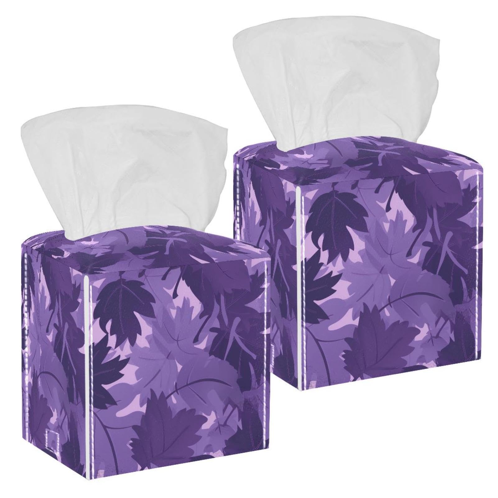 Artistic Leaves Tissue Box Cover, 2 Pack PU Leather Square Facial Tissue Dispenser Box holder for Home Office Car